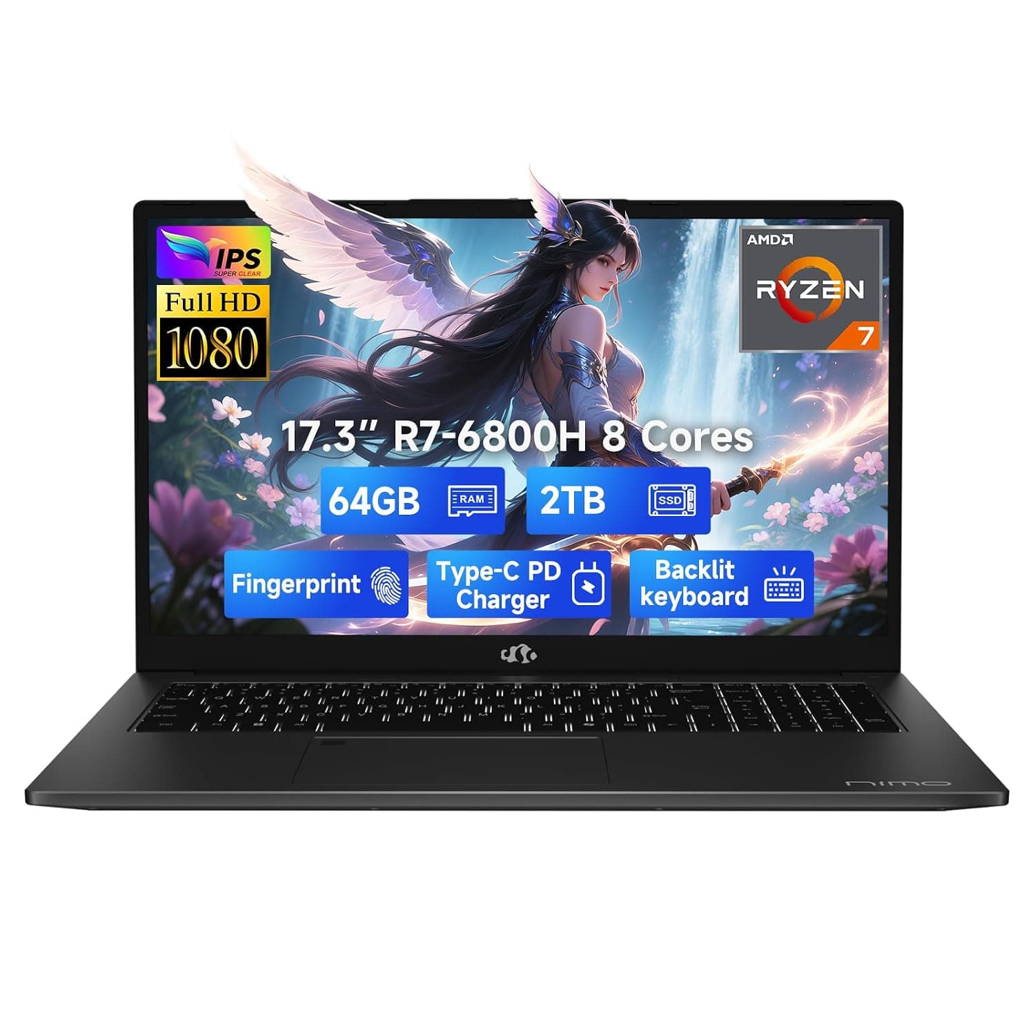 NIMO 17.3" IPS FHD-Gaming-Laptop, 8 Cores Ryzen 7 6800H 64GB DDR5 RAM 2TB SSD (Beat Intel i7-12700H Up to 4.7GHz) Radeon 680M GPU-Computer with 100W GaN Type-C Backlit Keyboard Fingerprint