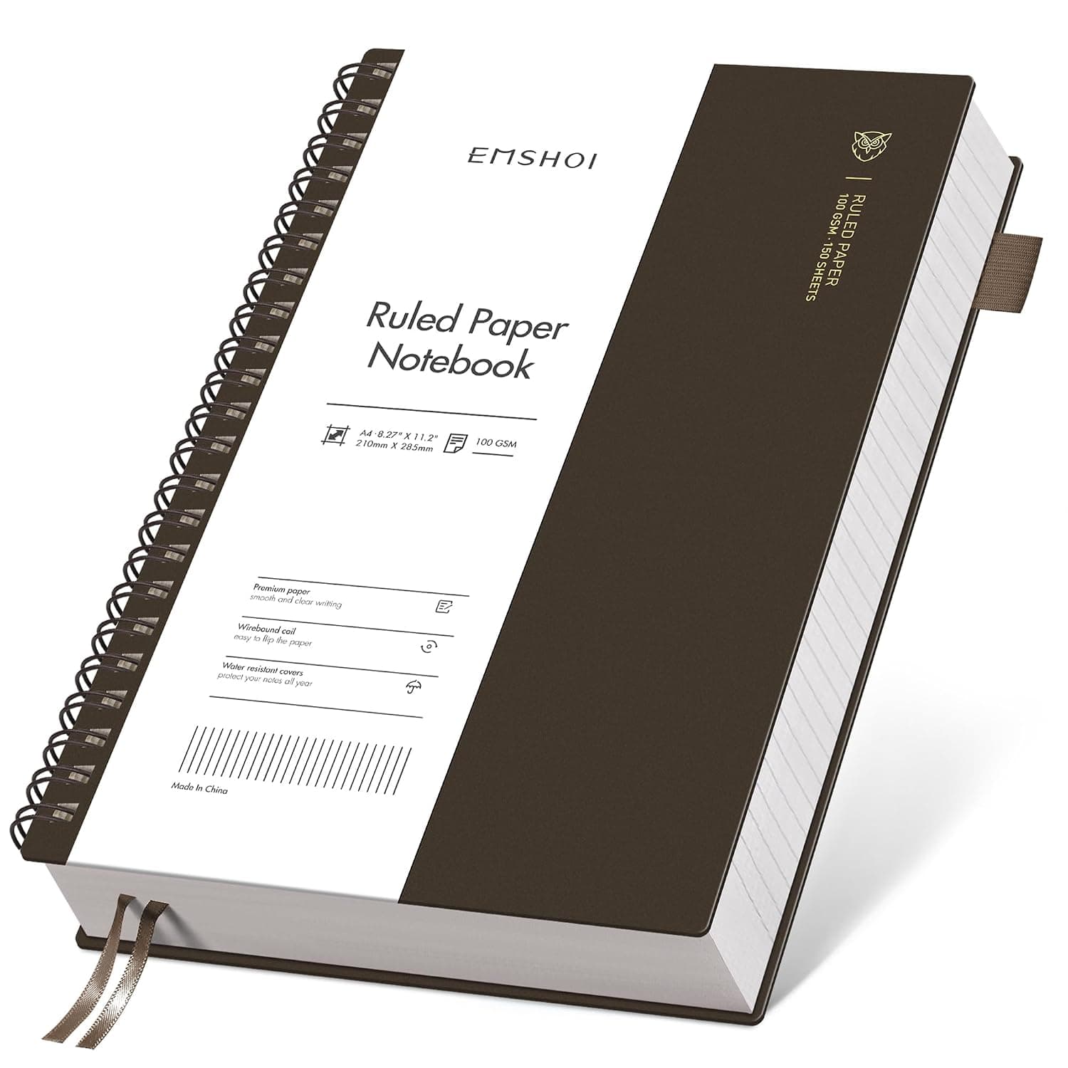 EMSHOI A4 Spiral Notebook College Ruled Lined Journal, 11.2" X 8.27",150 Sheets, 100gsm Thick Paper, Waterproof Softcover, Twin-Wire Binding, for Women Men School Work Business Writing, Gifts-Coffee