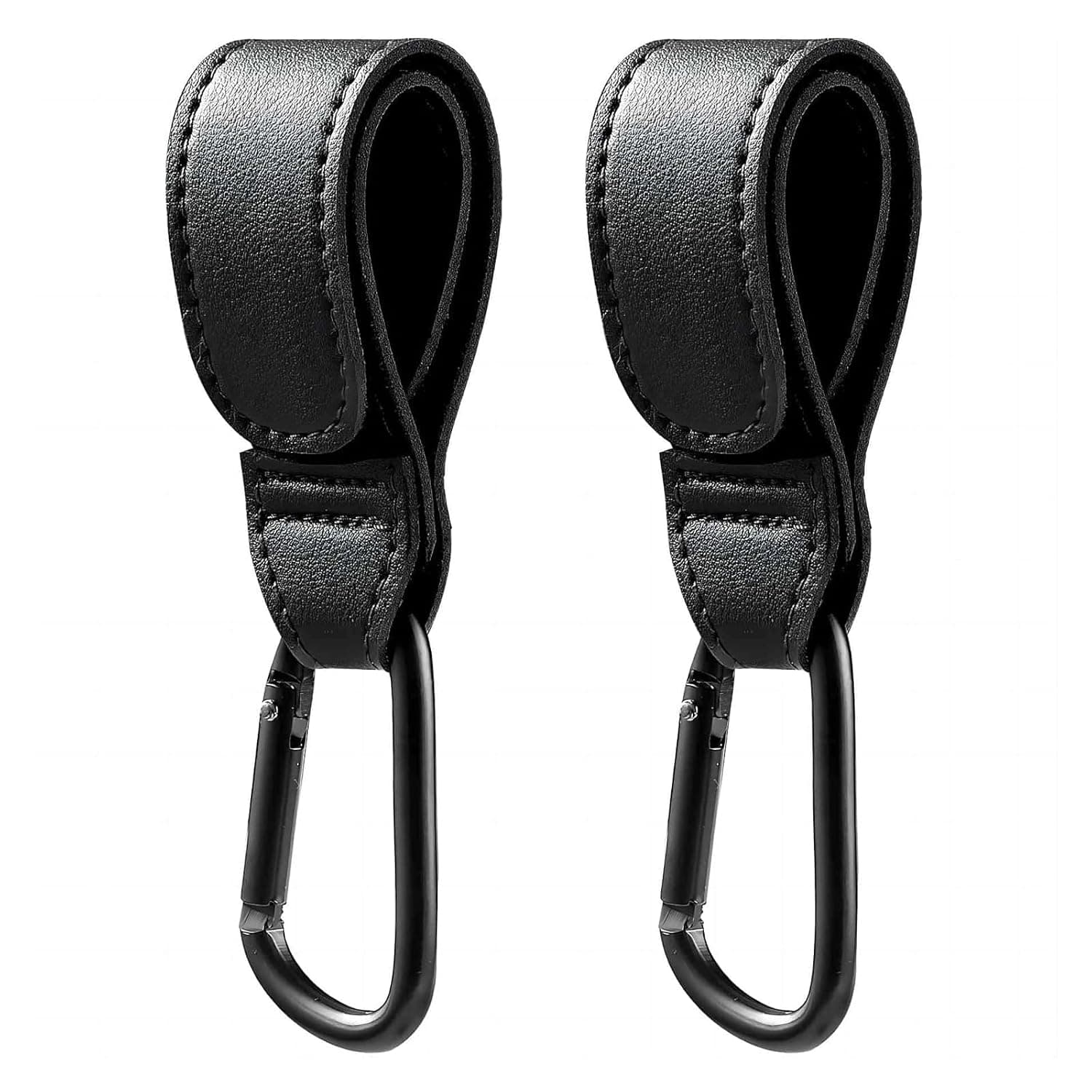 Bukela 2 Pack Baby Stroller Hooks, Premium Vegan Leather Pram Straps, Adjustable Hook & Loop Diaper Bag Clips, Multipurpose Non-Slip Holder with Large Carabiner for Shopping & Travel Bags