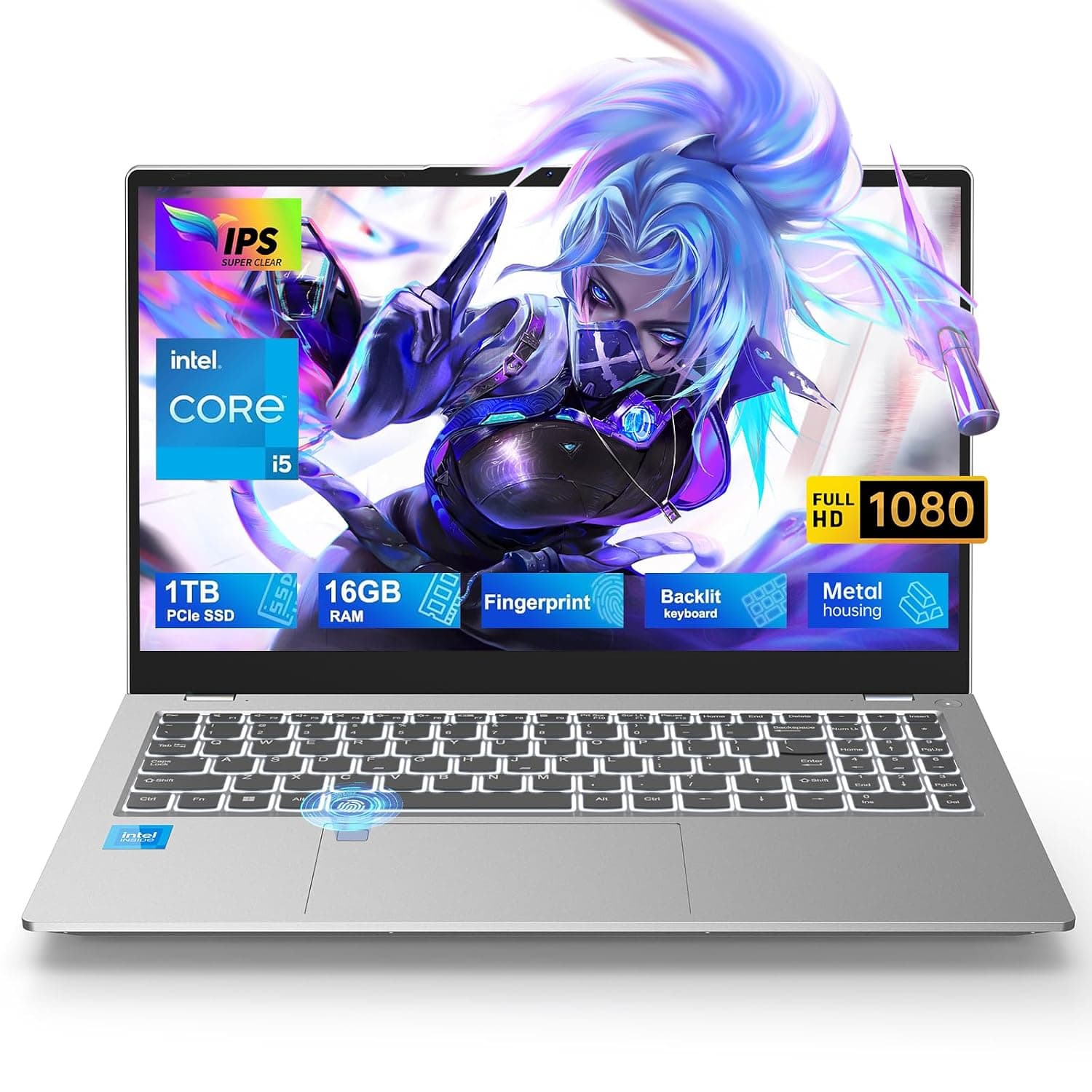 CyberGeek 15.6" FHD IPS Business Laptop, 8 Core Intel i5-12450H (Beat i7-10750H), 16GB RAM 1TB PCIe SSD, Notebook Computer with Backlit Keyboard, Fingerprint, WiFi6+ BT5.2, Touchpad, TF Reader, Grey