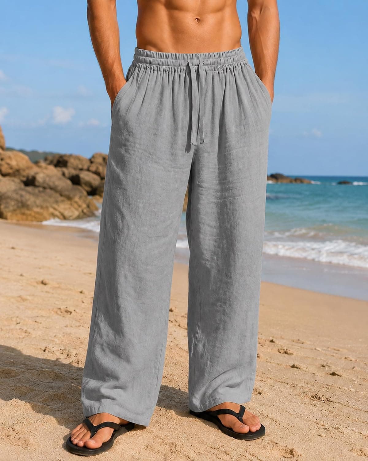 Men's Linen Pants Lightweight Breathable Loose Fit Straight Leg Casual