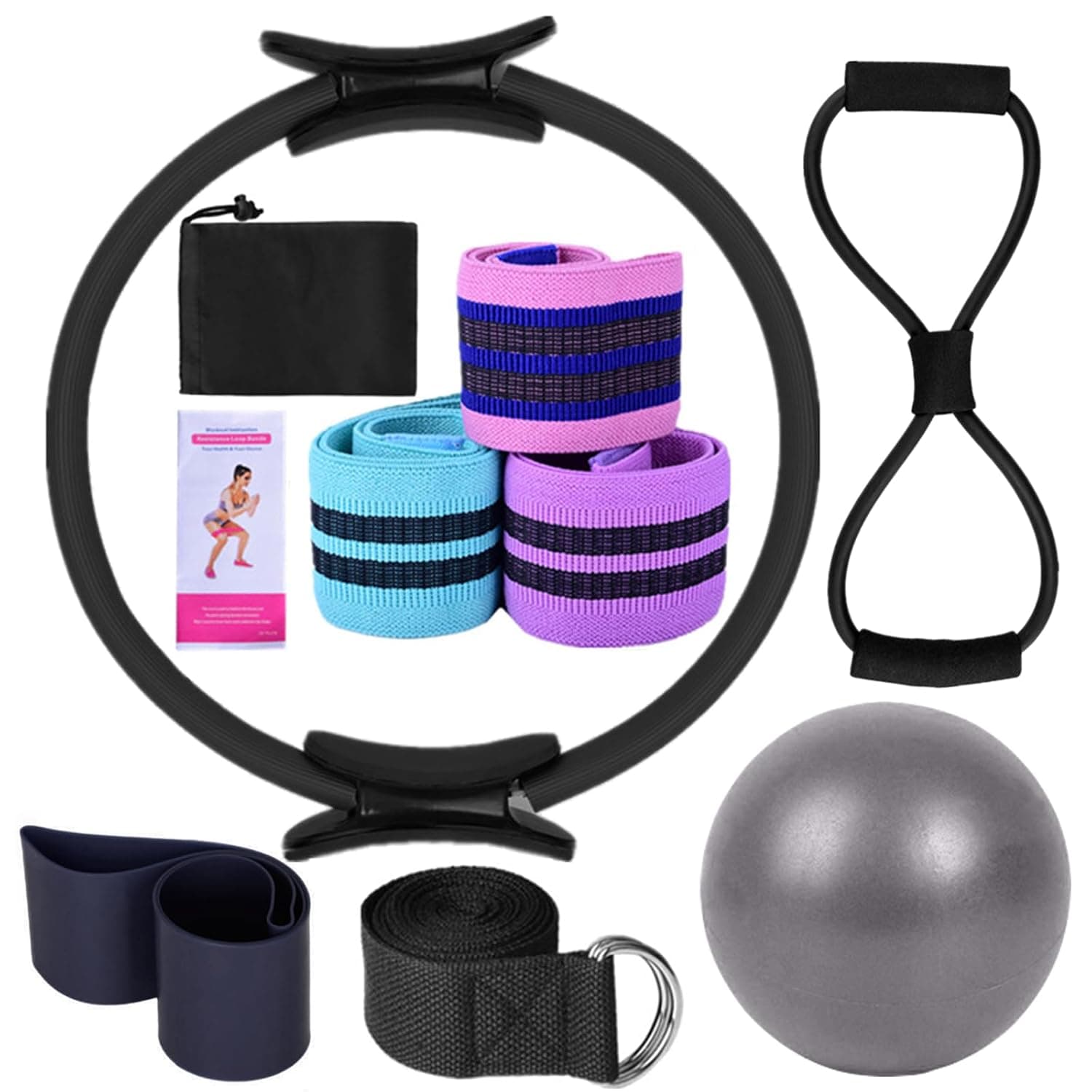 Eacam Pilates Ring Circle Set - Workout at Home Workout Equipment Women - Booty Bands Stretching Equipment Pilates Mini 25cm Exercise Ball Resistance Band for Legs Arms and Thighs
