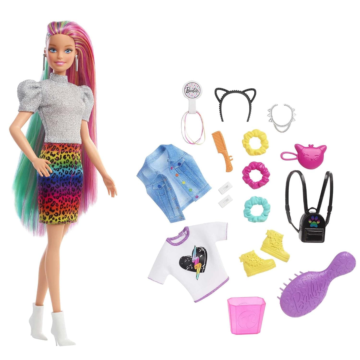 Barbie® Leopard Rainbow Hair Doll (Blonde) with Color-change Hair Feature, 16 Accessories, Ages 3 to 7