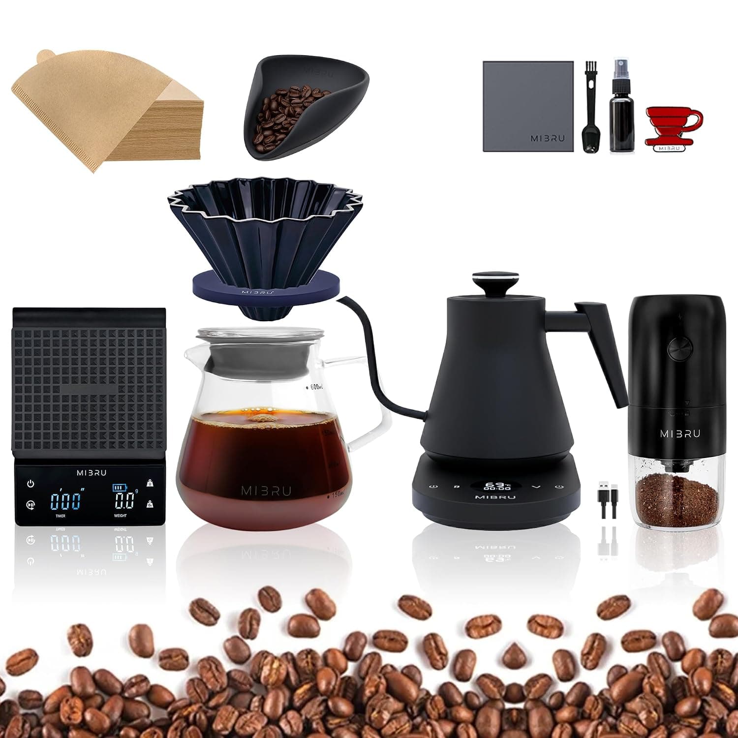MIBRU V60 Pour Over Coffee Maker Set – 10pcs Complete Barista Kit with Electric Coffee Grinder, Gooseneck Kettle, Scale, Doser, Filters – Manual Drip Brew Set