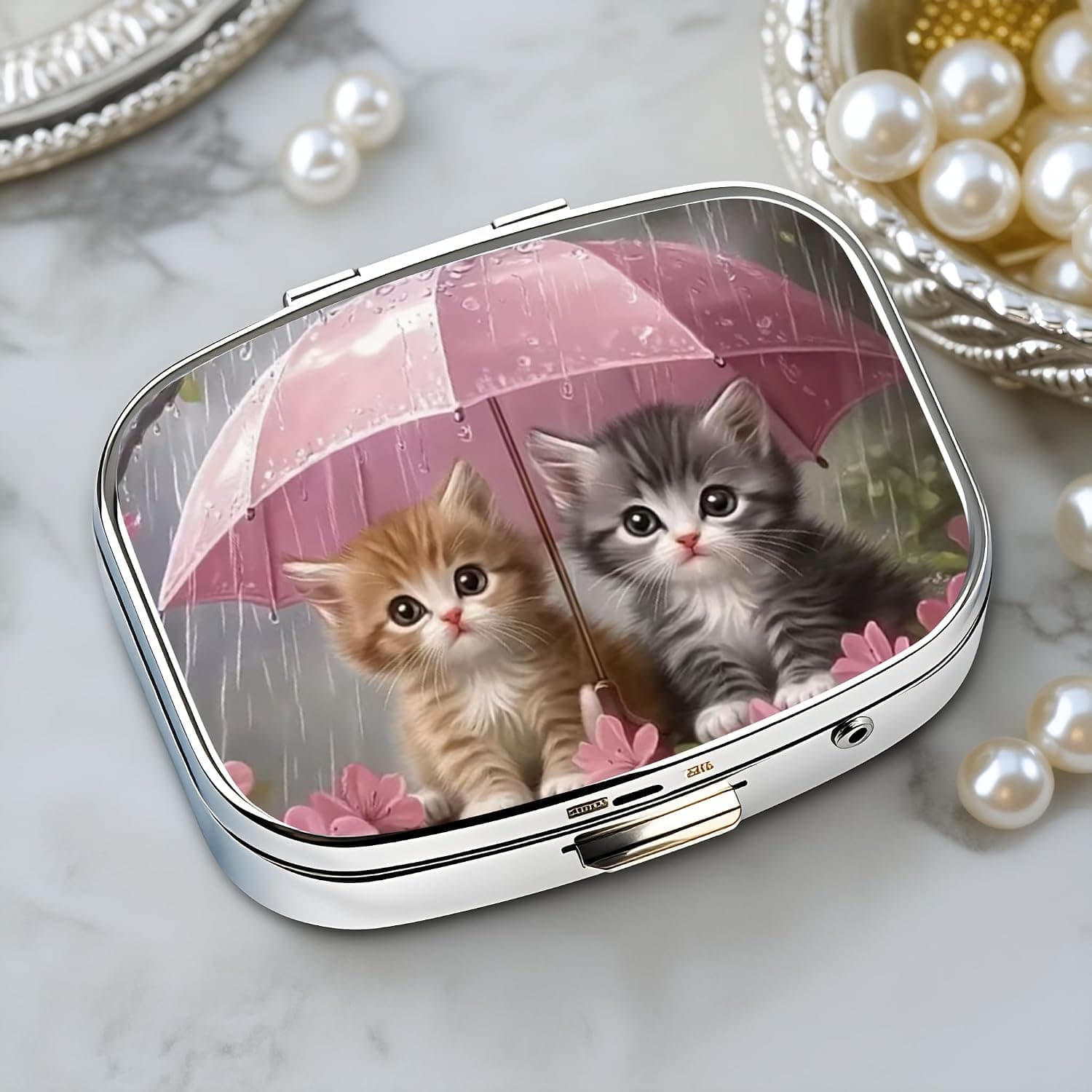 Chic Kittens Under Umbrella-Compartment Metal Pill Box – Compact and Stylish Medication Organizer, Food-Safe, Portable for Wallet or Pocket, Perfect for Vitamins and Supplements