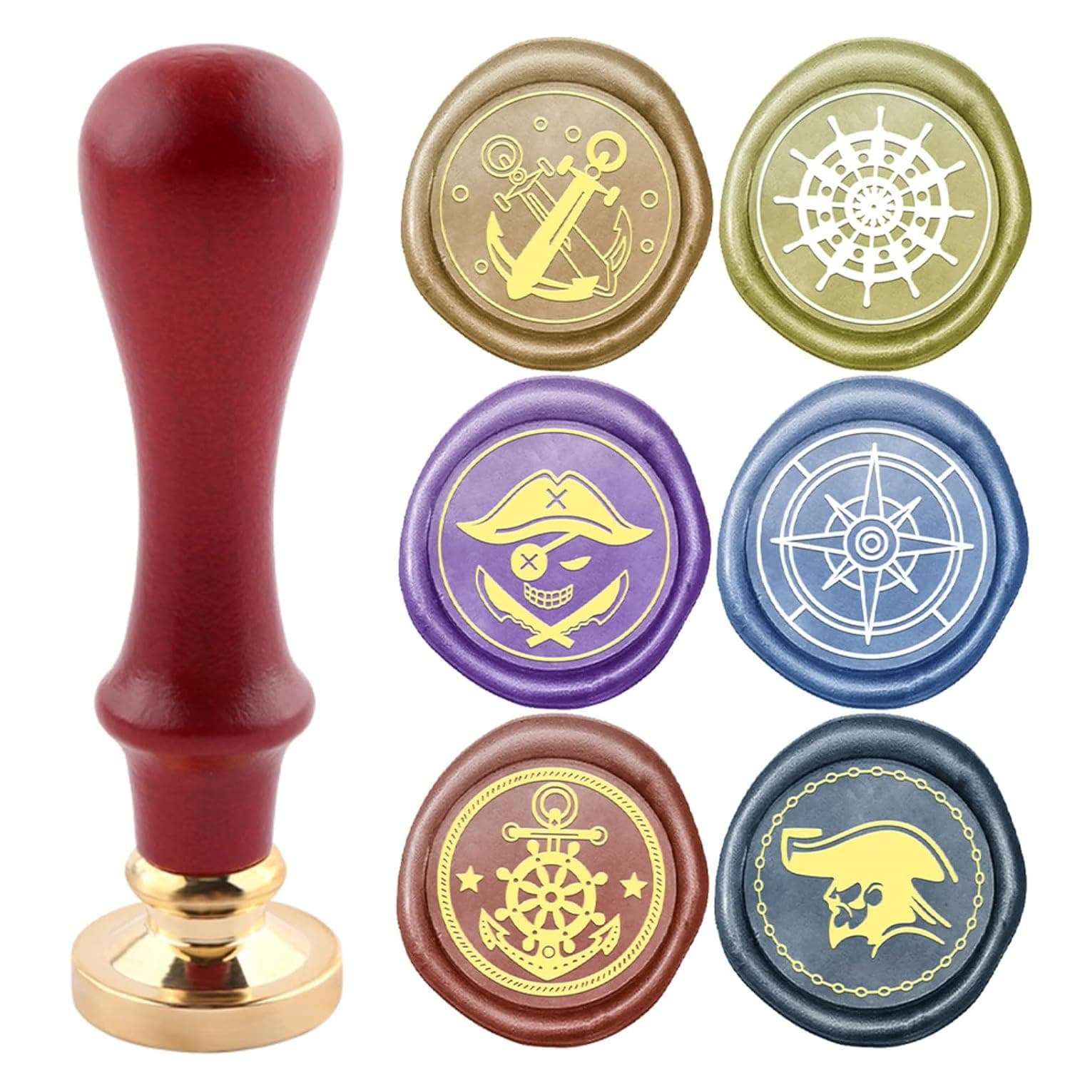 Pirate Sealing Wax Seal,Personalized Wax Seal Stamp Kit,6 Pcs Brass Stamp Heads and A Handle for Invitation Thank-You Card Letter Envelope