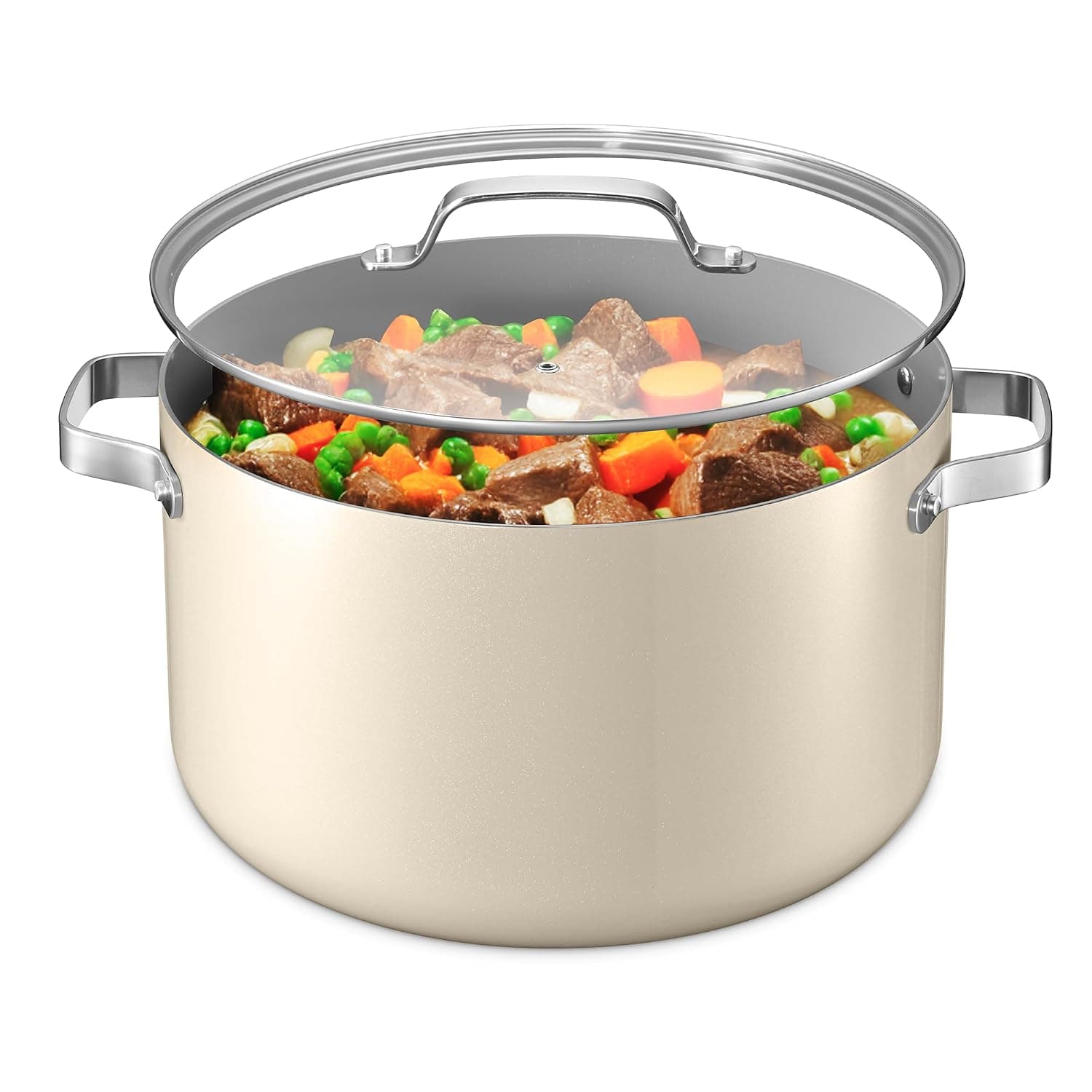 Cream 16 Quart Aluminum Stock Pot with Lid, Nonstick Ceramic Coated Boiling Pot, PTFE & PFAS Free, Oven Safe to 500°F, Riveted Stainless Steel Handles, Tempered Glass Lid, All Stove Compatible
