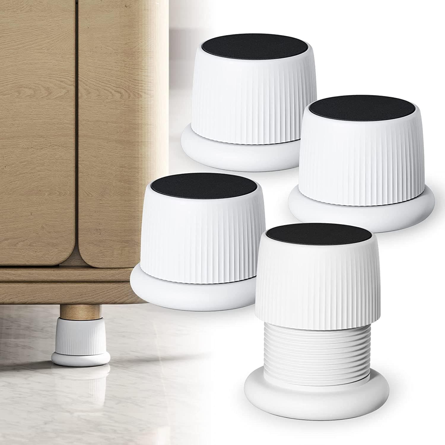 NALACAL Adjustable Furniture Bed Risers, 1.6-2.6 Furniture Anti-Shake Tools, Self-Adhesive Plastic Anti Slip Round Couch Risers for Bed, Sofa, Desk and Chair Legs, 4 Pcs (White)