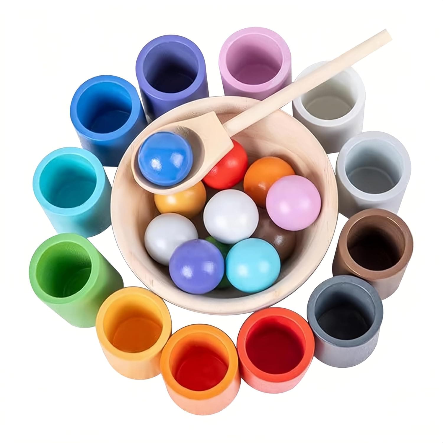 Rainbow Balls in Cups Toddler Montessori Toys for 3 Year Old Up, Kids Preschool Wooden Matching Games for Learning Color Sorting and Counting
