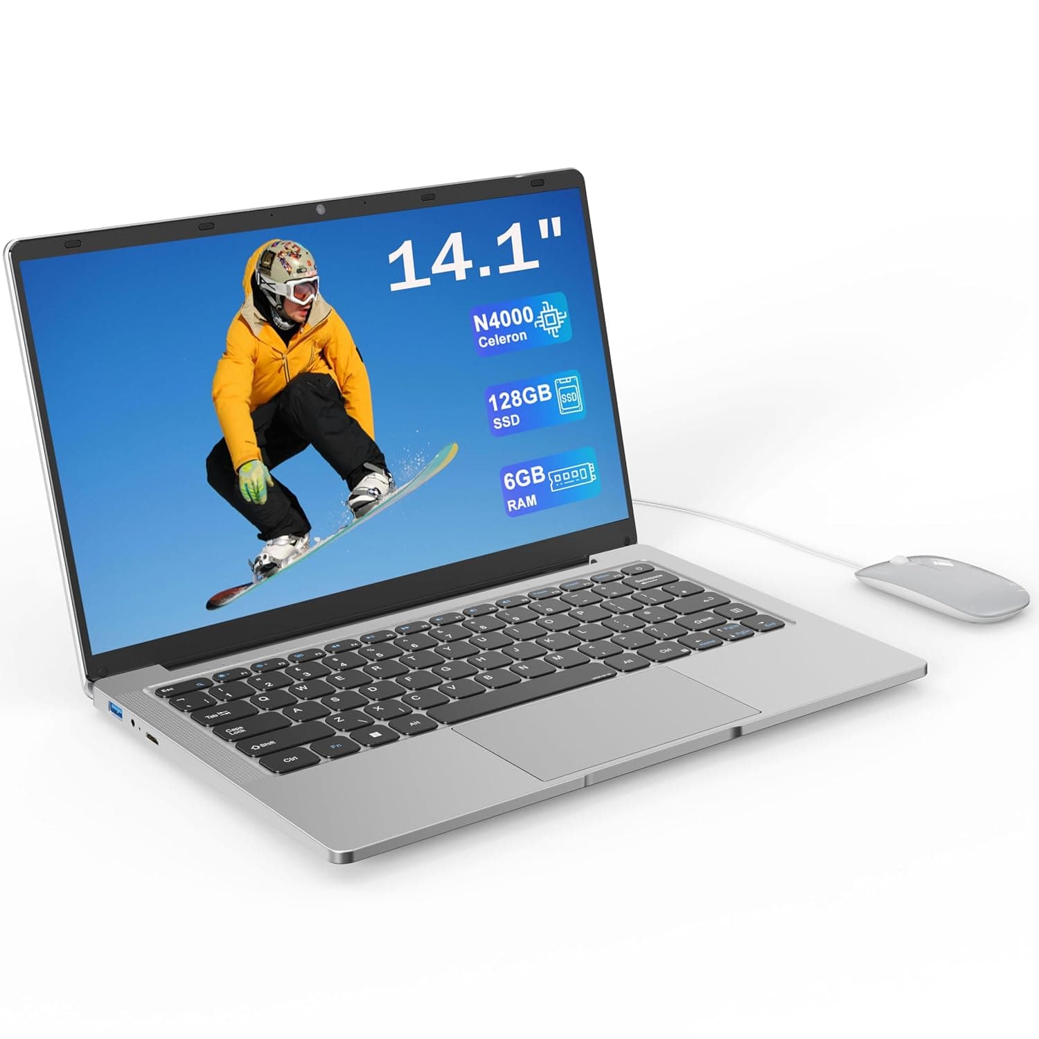 14.1" HD Laptop, 6GB RAM, 128GB SSD, Dual Core Processor, 2.4G/5G Wi‑Fi & Bluetooth, Silent Fanless Design, Lightweight Laptop with Free Mouse & Comfortable Keyboard