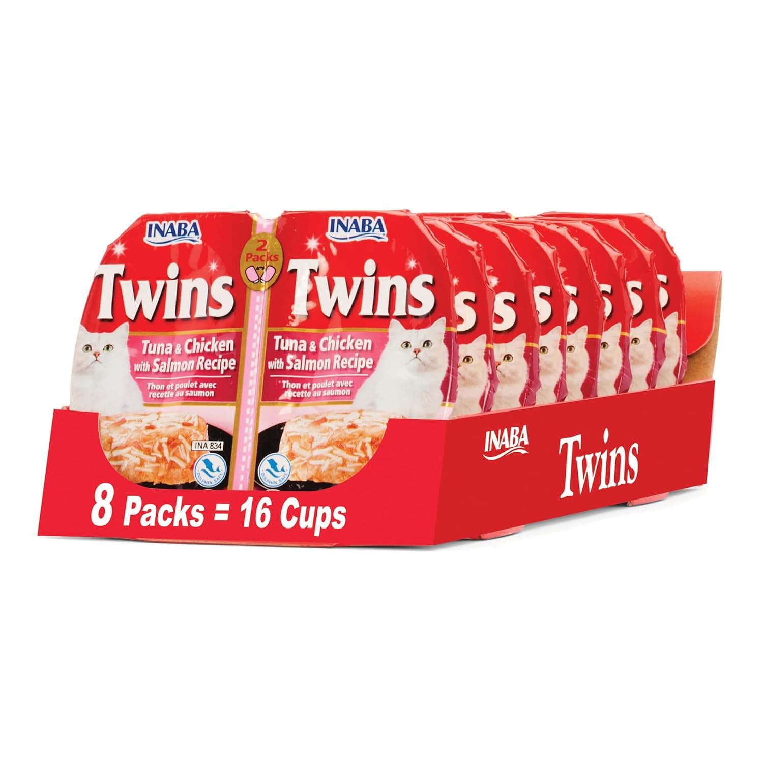 INABA Twins for Cats, Grain-Free Shredded Chicken & Broth Gelée Side Dish/Complement/Topper Cups, 1.23 Ounces per Serving, 19.68 Ounces Total (16 Servings), Tuna & Chicken with Salmon Recipe