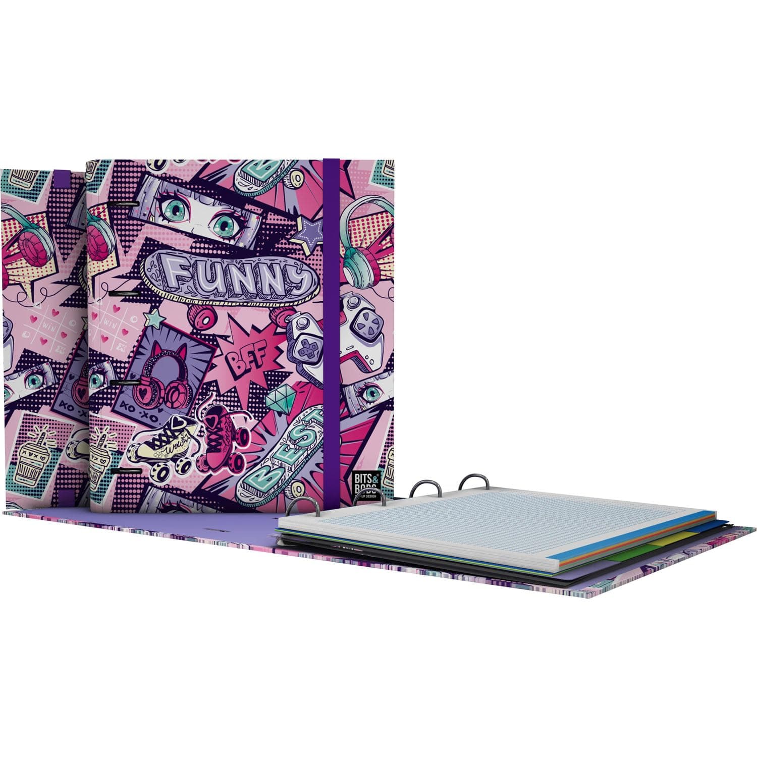Grafoplas A4 Folder with Punched Rings with Refills and Dividers, 90 g Squared, 5 x 5 Coloured Border, Transparent Envelope, Folder Manga Bits & Bobs Pop Up Design