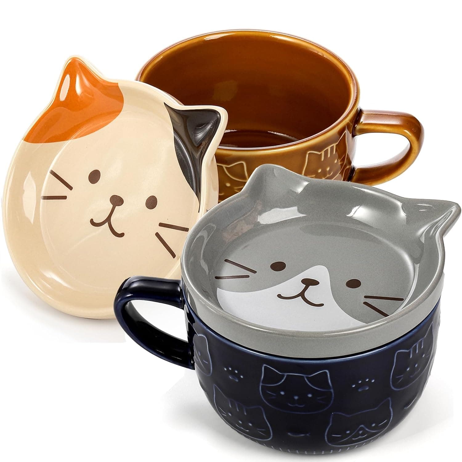 Set of 2 Cute Ceramic Cat Coffee Mugs with Lid and Coaster, 10oz Kawaii Tea Cups, Microwave & Dishwasher Safe, Unique Birthday and Valentines Gift for Cat Lovers, Women, Girls