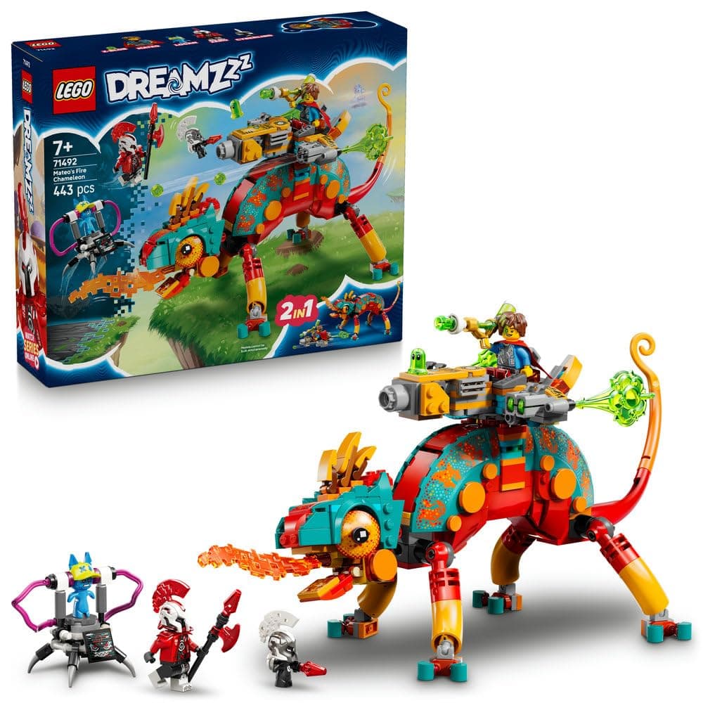 LEGO DREAMZzz Mateo's Fire Chameleon 71492 | 2-in-1 Fantasy Animal Figure, Transforms into Jet & Mech, Building Set, Gift for 7+ Year Old Boys & Girls, 443 Pieces