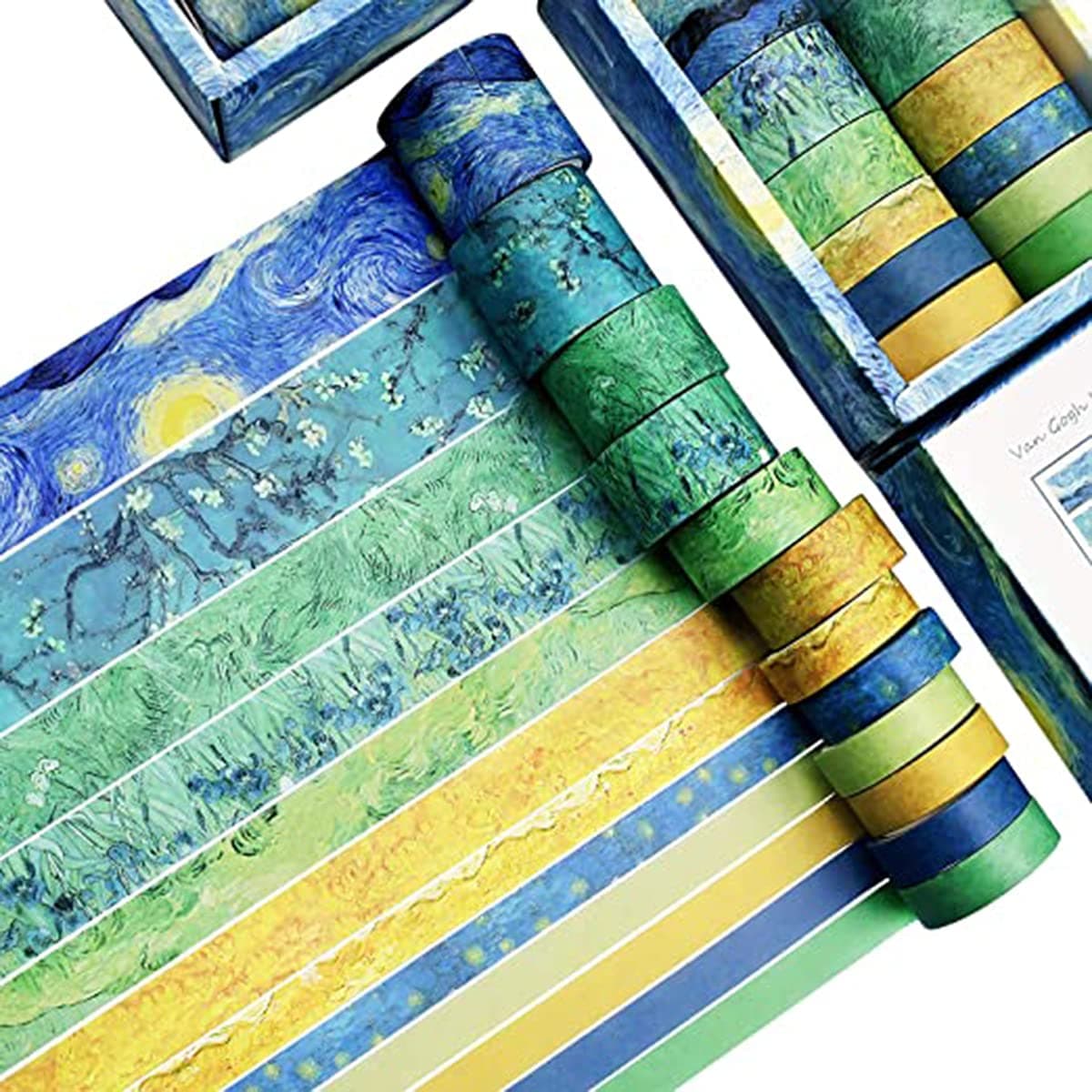 Van Gogh Starry Night, DIY Crafts, Washi Tape Set of 12 Rolls, Decorative Green Leaves Floral Blue Yellow Washi Masking Tape Sets for Craft, Kids, Scrapbook, Diary, DIY, Gift Wrapping