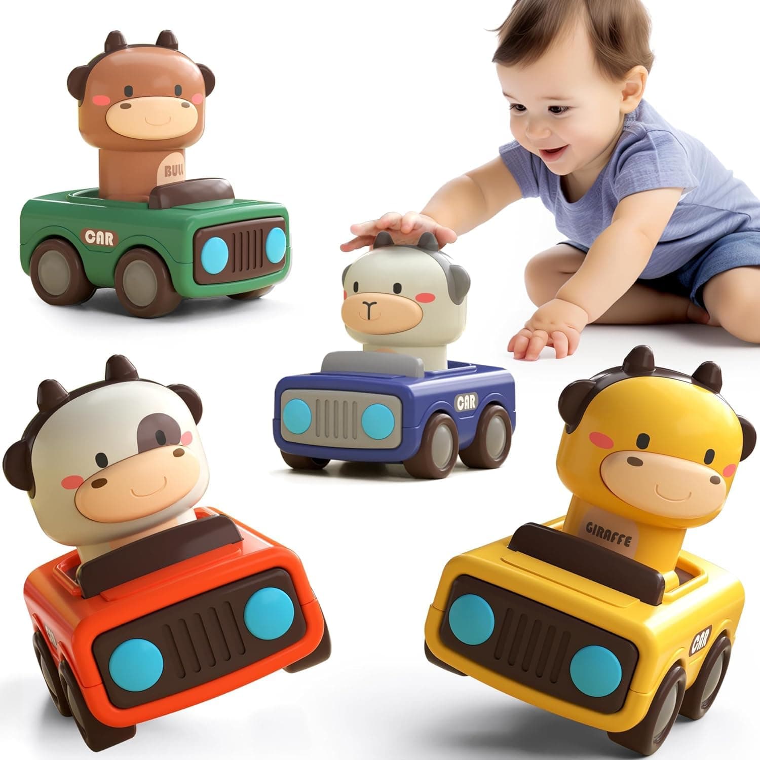 Soofam Press and Go Car Toys for Toddlers 1-3, Baby Animal Racing, Baby Game Car Sets, Babies Push Go Friction Car Toys for Grils Boys Birthday Gifts