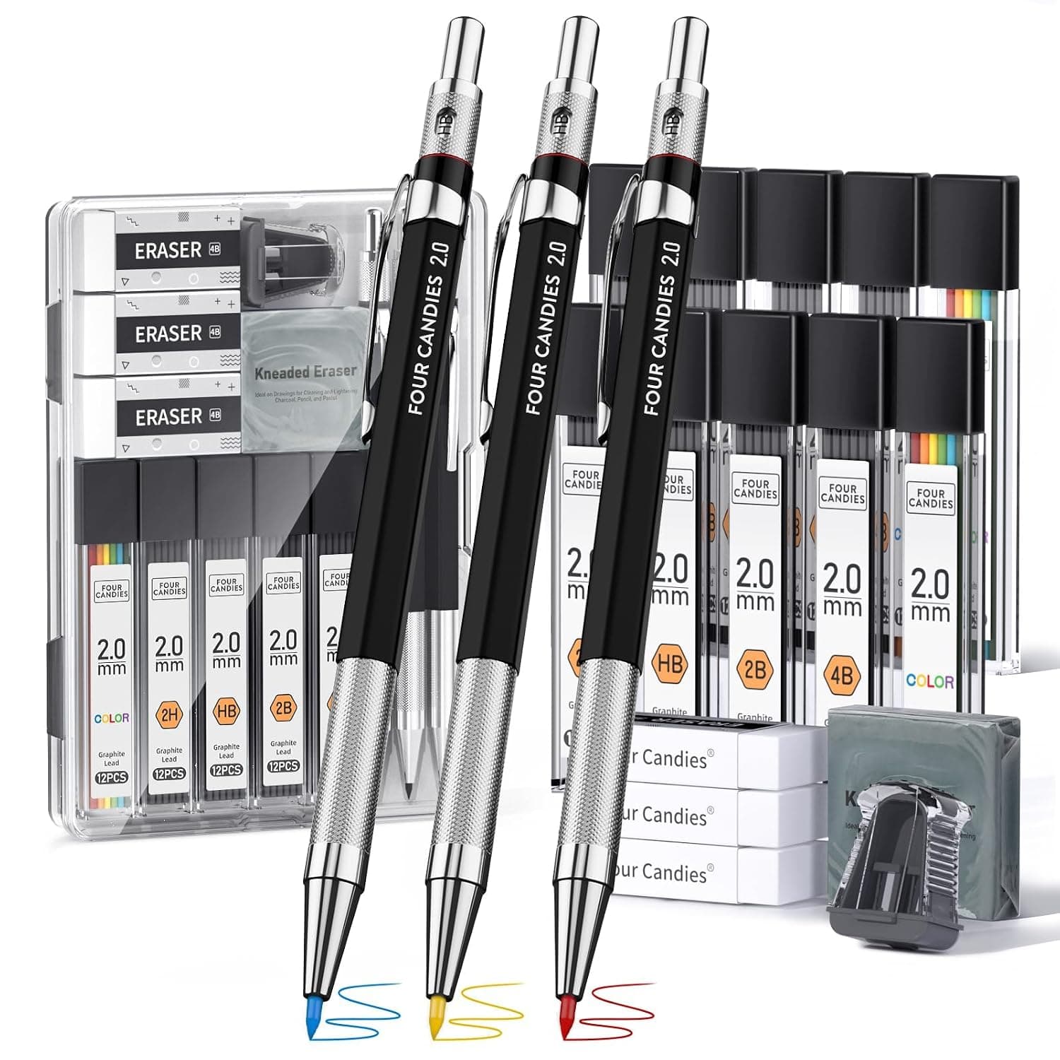 Four Candies 3PCS 2MM Mechanical Pencils with case, Artist Lead Pencil Metal Lead Holder with 120 Graphite Lead Refills(HB 2H 2B 4B Color), 4 Erasers, Sharpener, Drafting Pencil for Drawing, Sketching