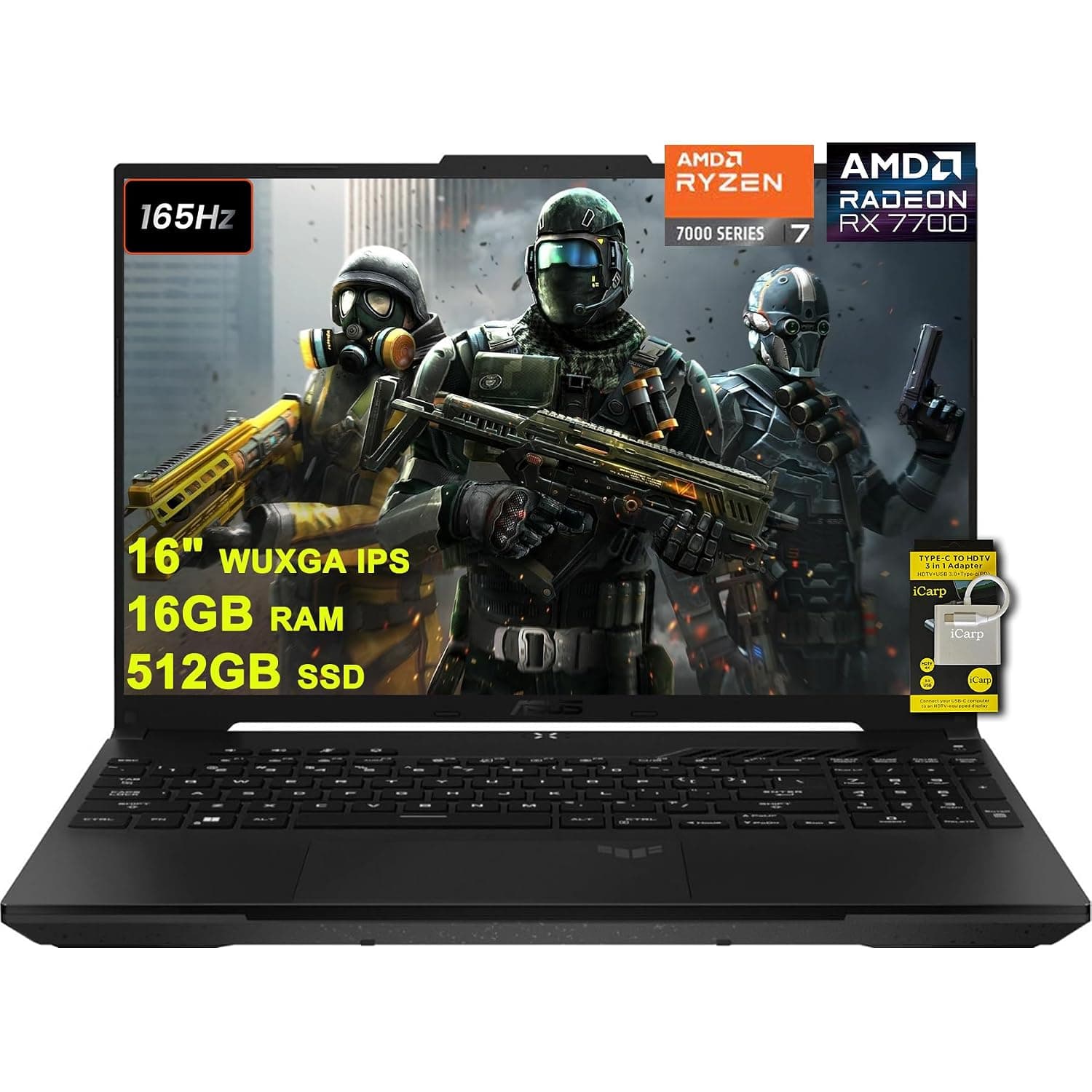 ASUS TUF Gaming A16 Laptop 16" WUXGA 165Hz 100% sRGB AMD 8-core Ryzen 7 7735HS 16GB RAM 512GB SSD Radeon RX 7700S 8GB (>RTX4060) Backlit USB4 Fast Charge AI Noise Cancelation Win11 w/ICP Accessory