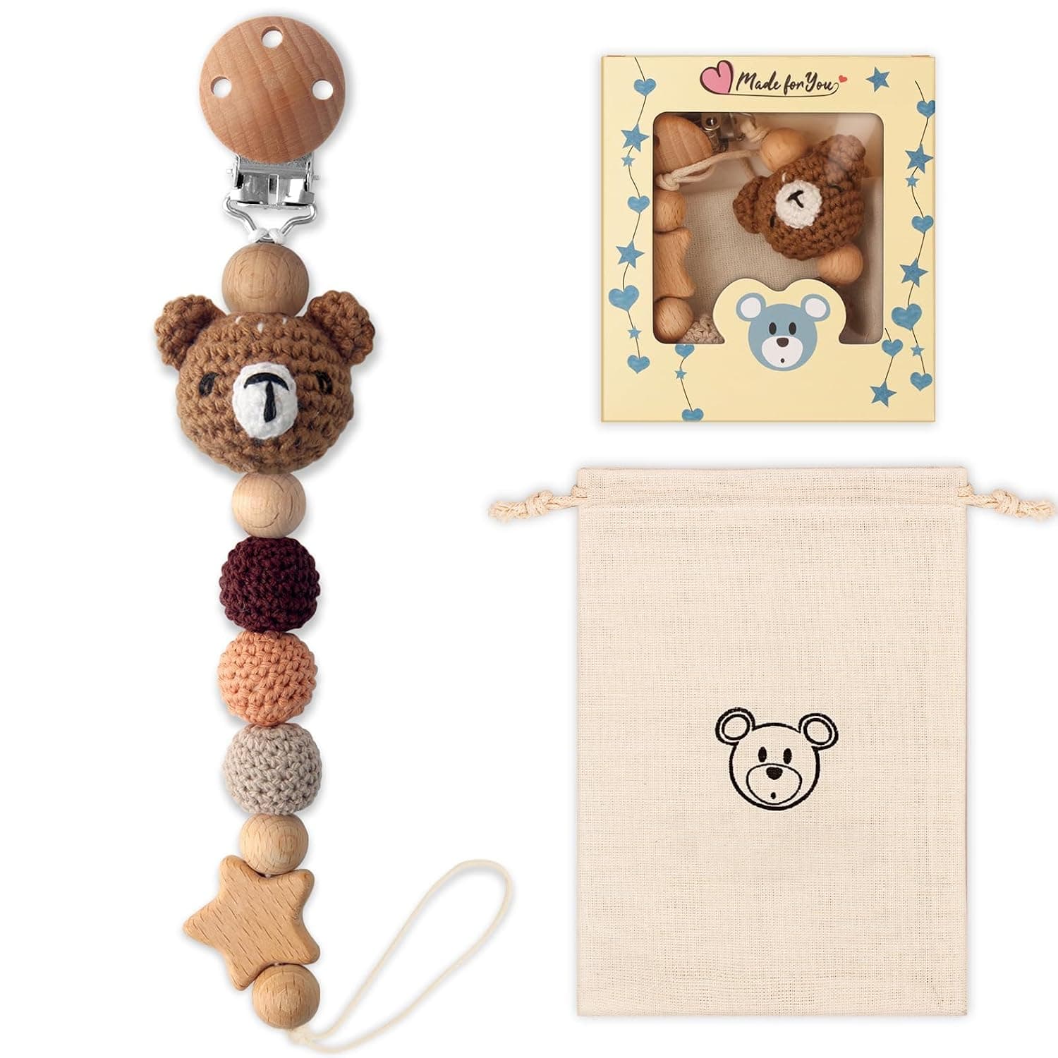 Cute Bear Pacifier Clip for Boys and Girls, Animal Pacifier Holder for Most Pacifiers and Baby Teethers, Safety Baby Shower Gift Essential for Newborns Infants Toddlers