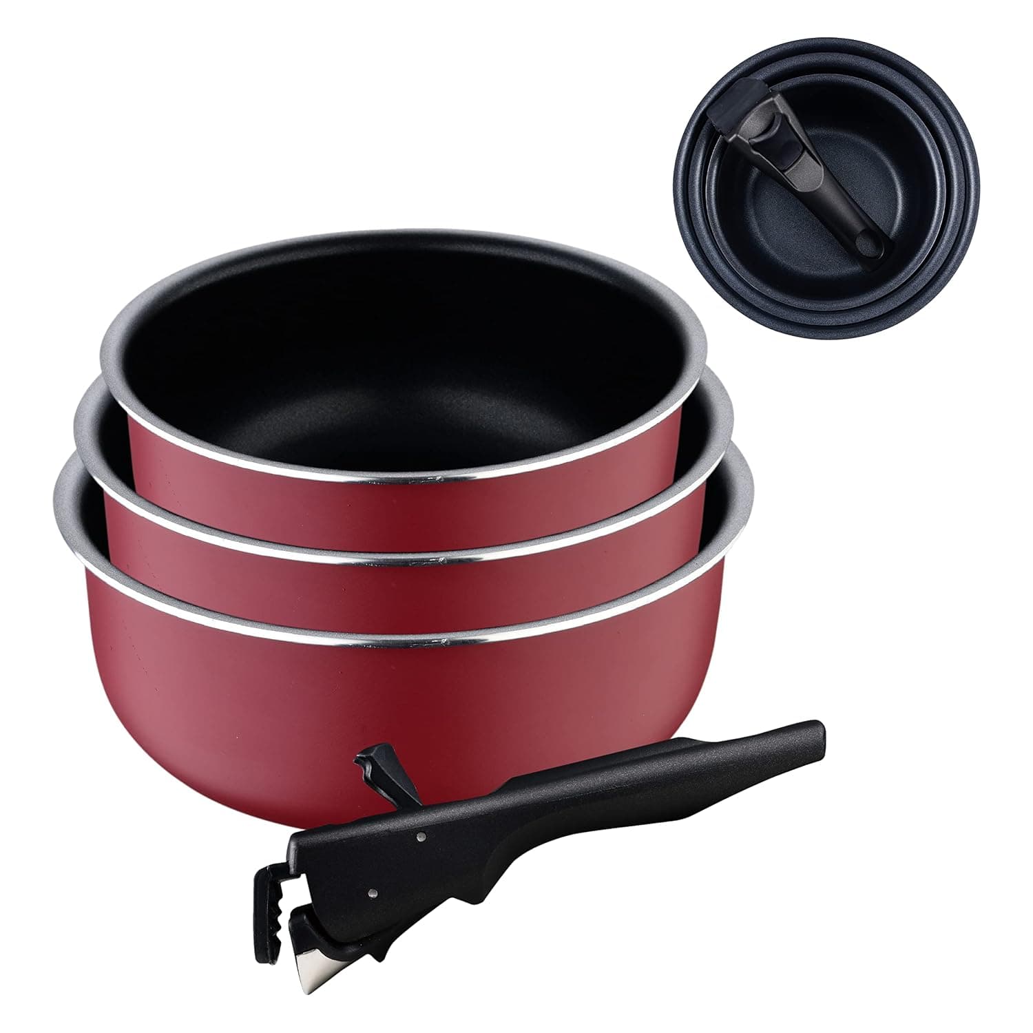 BERGNER CLICK&COOK Red Edition | Set of 3 Cooking Pots, 16, 18, and 20 cm + Removable Handle | Pressed Aluminum and Non-Stick | All Types of Stoves and Ovens