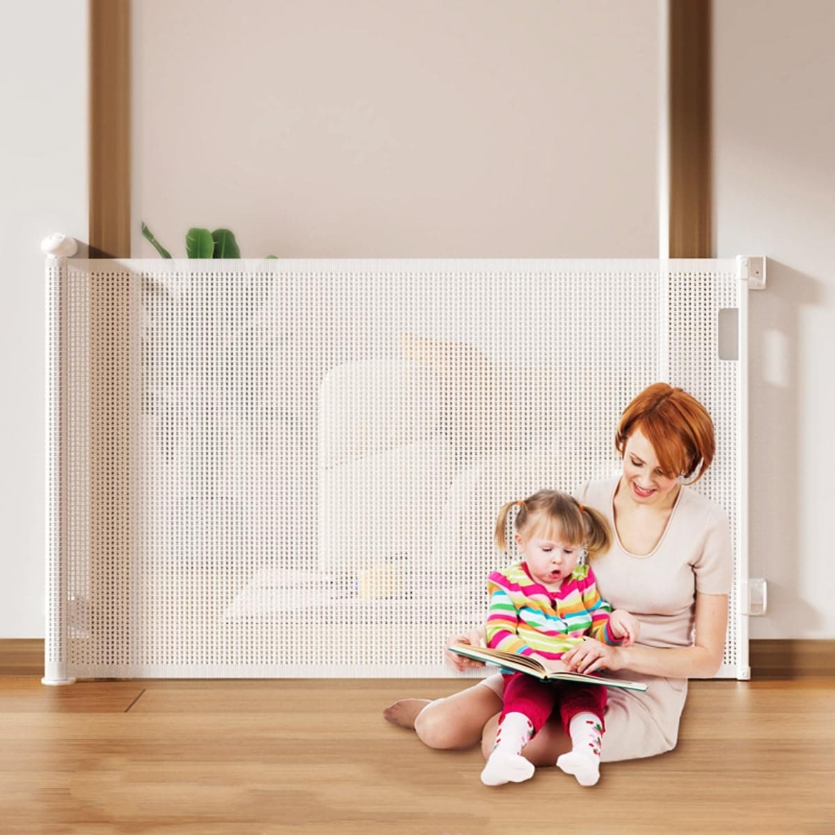 Baby Safety Gate, Retractable Barrier for Baby and Pets, Width Adjustable, Maximum with 300cm, One-Handed Opearation, Space saving, Child Mesh Safety Gate for Doorways, Stairs,Hallways,White