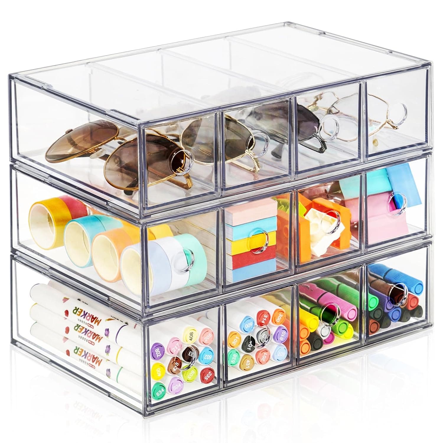 Desk Organizer with 12 Drawers, Stackable Desktop Storage Box with Removable Drawer, Clear Sunglasses Organizer Display Case for Stationery Marker Pens Eyeglasses Office Supply