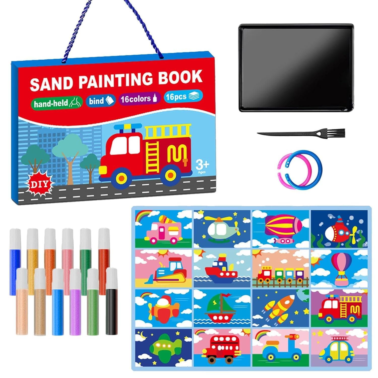 32 Pcs Kids Sand Art Kit, 16 Color Vehicle Sand Painting Set with 16 Scenic Sheets, DIY Craft Art Supplies for Boys and Girls Ages 6-12, Creative Arts and Crafts Educational Gift