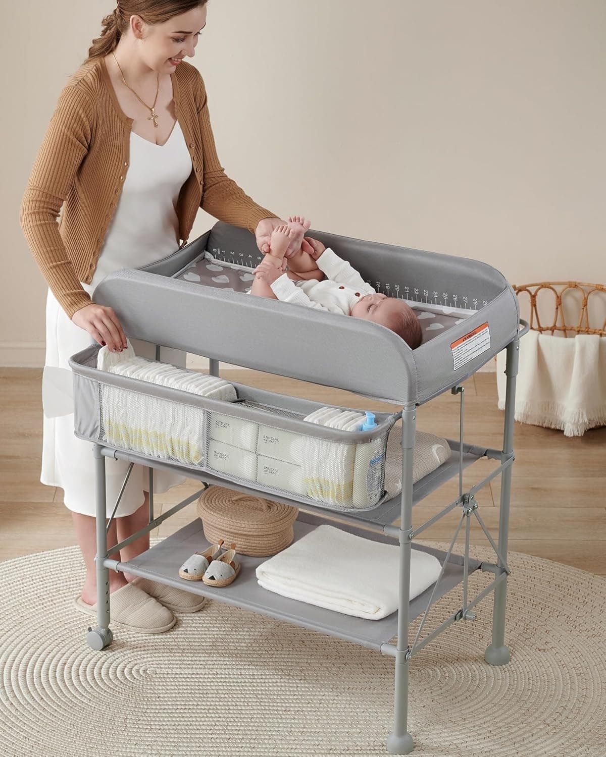 BEKA Diaper Changing Station, Portable Changing Table for Baby, Waterproof, Folding Portable Changing Station, Adjustable Height w/Organizer, Mobile Nursery Diaper Changing Table for Baby, Newborn | 4-Level Height(38.6"~41.6") w/2 Shelves & Organizer, Waterproof Pad, Portable Changing Station for Newborn Baby, Dual Brakes