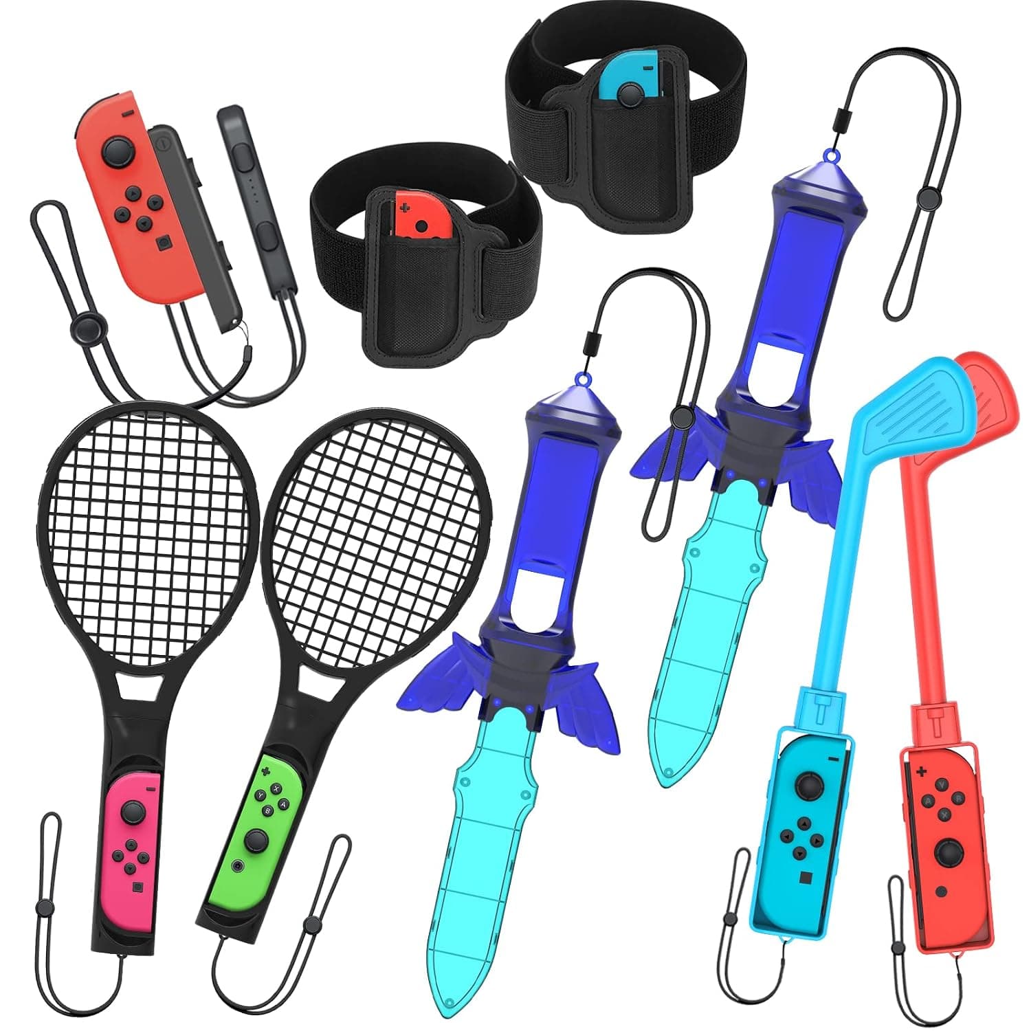 Numskull Nintendo Switch Sports Joy-Con Accessories Mega Pack - (2X Golf Clubs, 2X Rackets, 2X Arm Bands, 2X Swords, 2X Wrist Straps) - Bundle for Nintendo Switch Sports