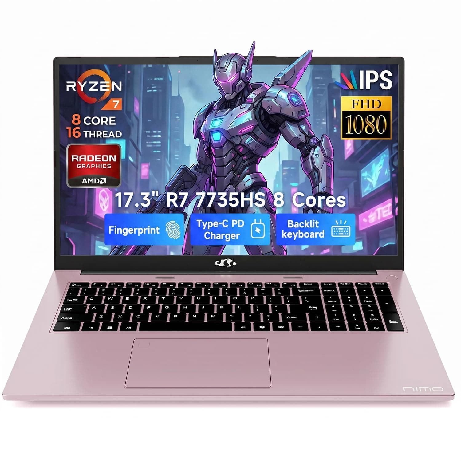 NIMO 17.3" Professional Laptop, R7 7735HS 8-Core 16-Thread (Up to 4.75GHz), 16GB DDR5 RAM 1TB SSD, FHD IPS 180° View, Fingerprint, Backlit Keyboard, Wi-Fi 6, for Business & Student