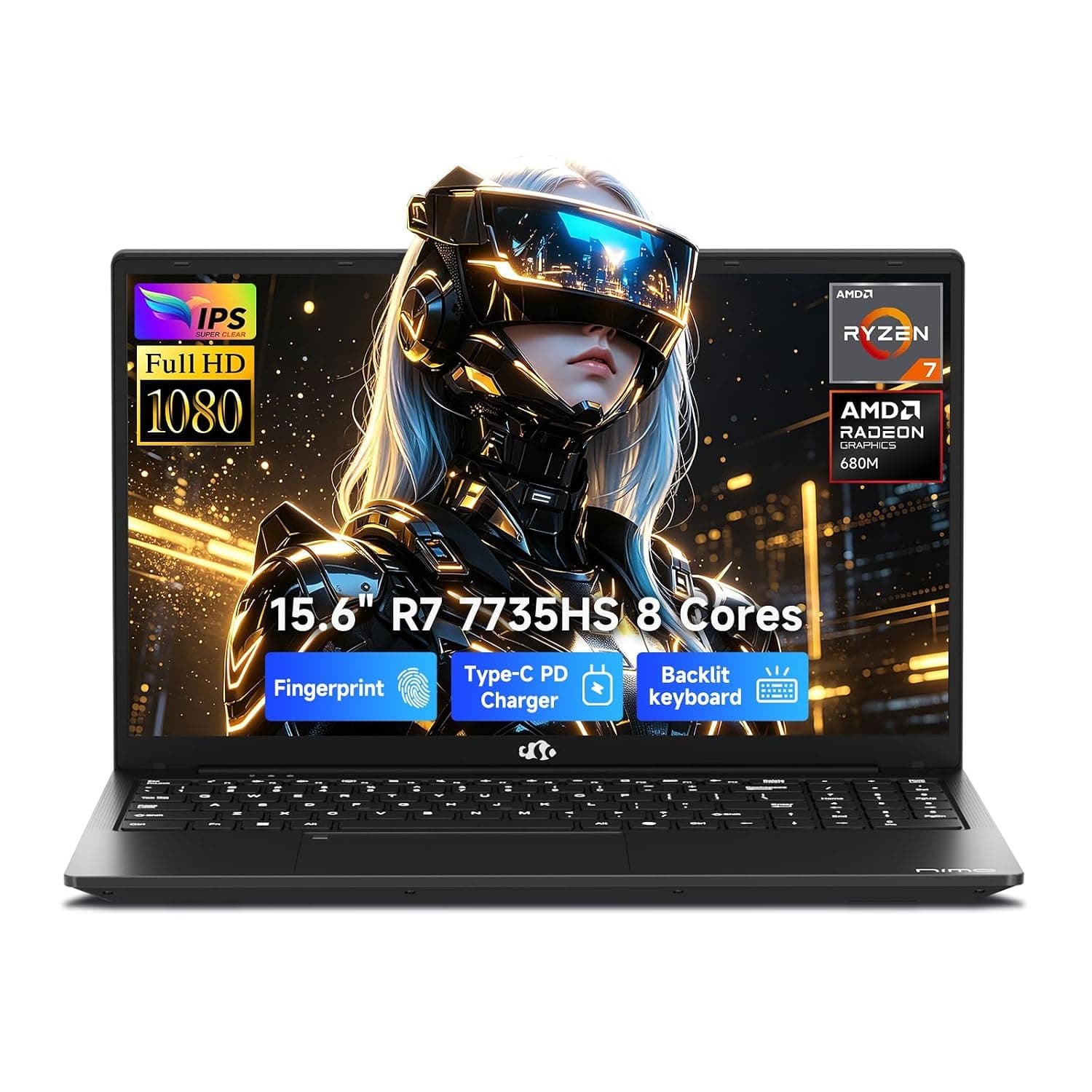 NIMO 2025 Laptop, 8 Cores R7 7735HS 32GB DDR5 RAM 1TB SSD (Up to 4.75GHz, Beat i7-12650H) Gaming Laptop with Radeon 680M GPU, 15.6" IPS FHD, 180° Open Angle, Webcam, Type-C, Portable for Business