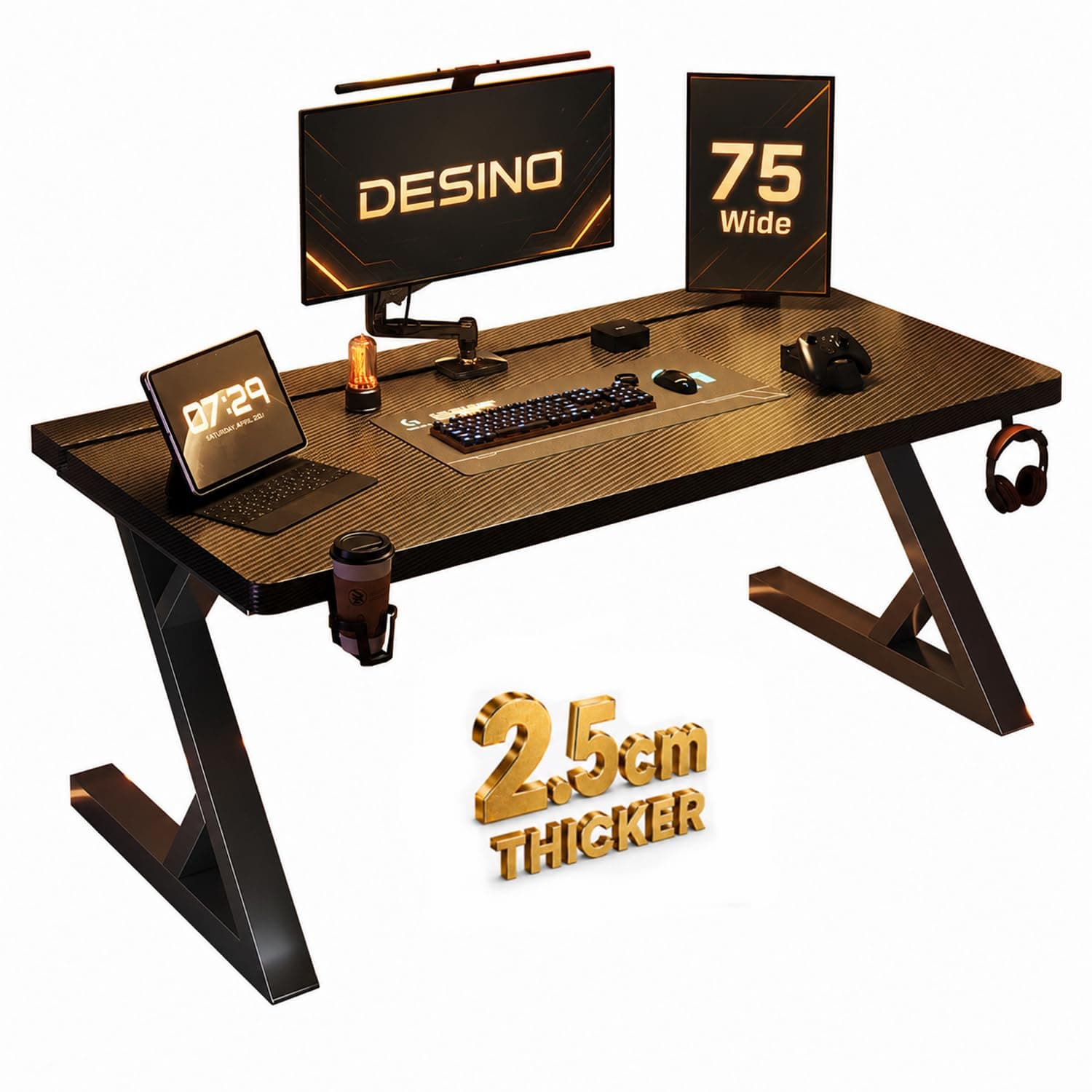 DESINO Gaming Table 120cm Carbon Fiber Computer Table, Large PC Gaming Desk with Rotatable Split Desktop, 120KG Capacity, Thick Steel Frame, Cable Management Tray for Home Office & Gaming Setup