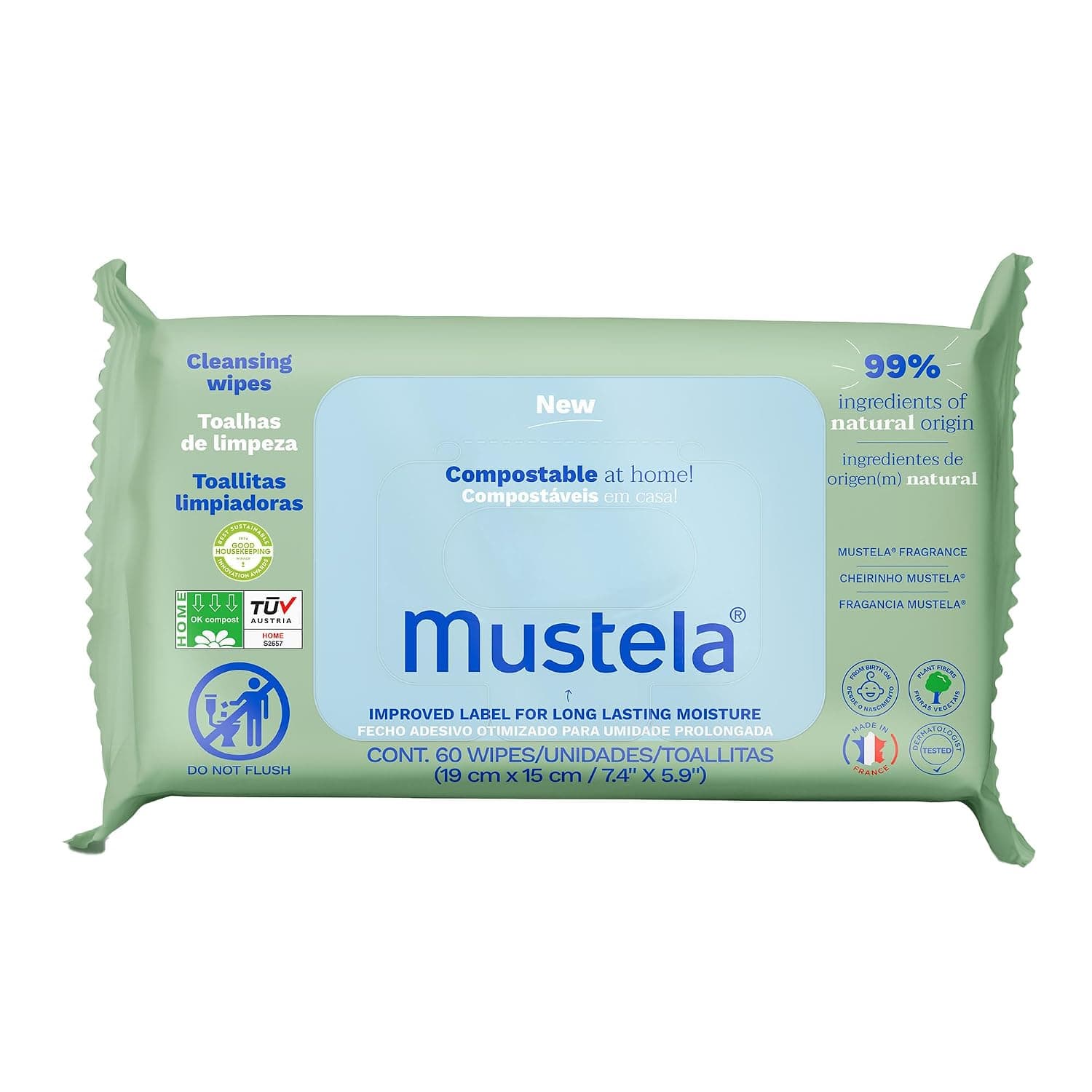 Mustela Baby Home Compostable Cleansing Wipes - Natural Avocado - For Face, Body & Diaper Area - Lightly Fragranced - 99% ingredients of natural origin & plant-based fibers - All skin types - 60 ct.