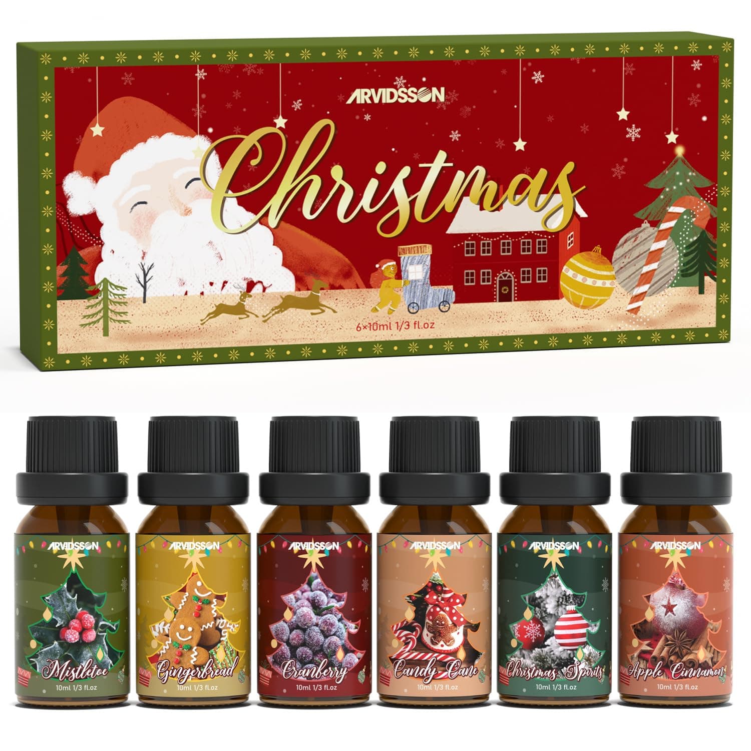 ARVIDSSON Christmas Fragrance Oil Set, Winter Essential Oils for Diffuser, Candle Making - Christmas Spirit, Gingerbread, Apple Cinnamon, Candy Cane, Mistletoe, Holiday Diffuser Oils Gift Set