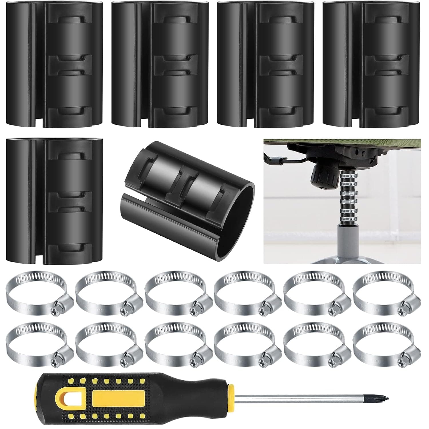 19 Pcs Fixing a Sinking Office Chair Cylinder Alternatives Gas Lift Tools Kits, Office Chair Saver for Stop Sinking, with Hose Clamps, Dual-Purpose Screwdriver