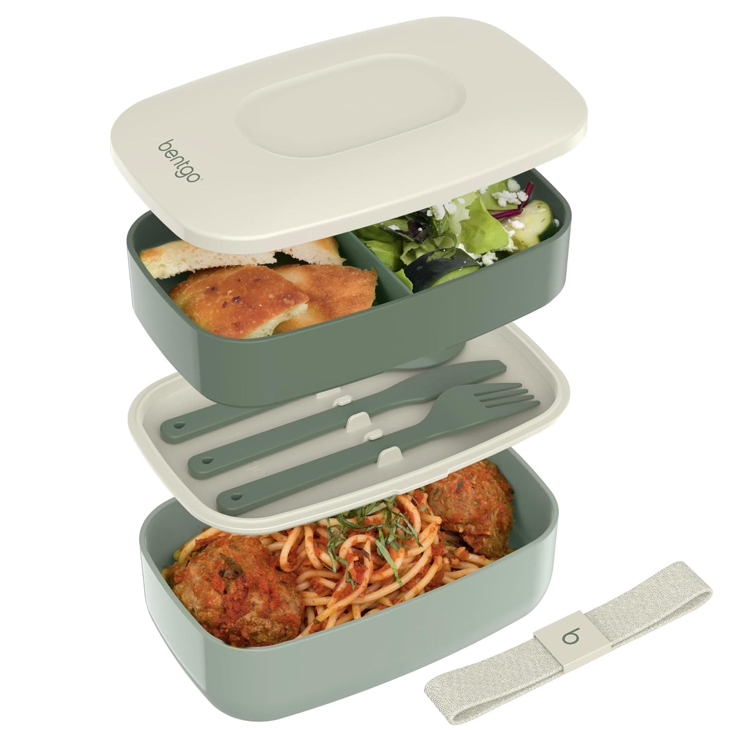 Bentgo® Classic - Adult Bento Box, All-in-One Stackable Lunch Box Container with 3 Compartments, Plastic Utensils, and Nylon Sealing Strap, BPA Free Food Container (Khaki Green)