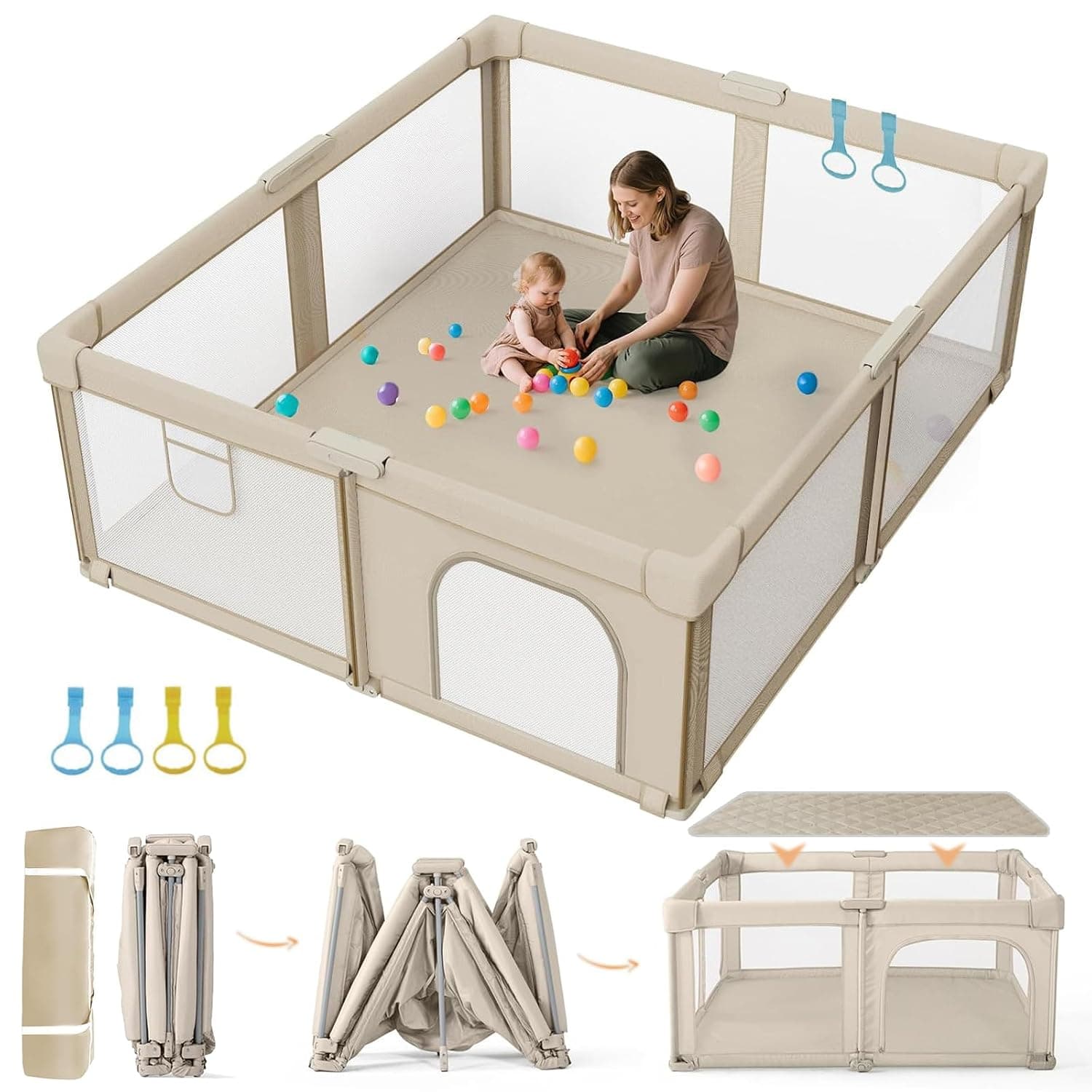 LIODUX Foldable Baby Playpen with Mat, Quick Setup Baby Fence, Folding Children's Fence Play Area with Mat, Ocean Balls, Handlers, Kids Collapsible Play Pen for Home (Beige, 180 x 200CM)