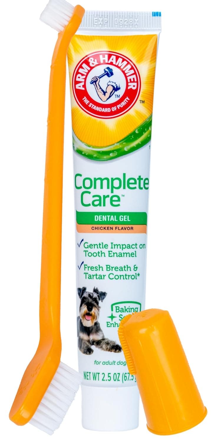 Arm & Hammer Complete Care Dental Gel Dog Toothbrush Kit, Gel Dog Toothpaste, Toothbrush, Finger Brush, Fresh Breath, Tartar Control, Baking Soda Enhanced Pet Dental Supplies, Chicken Flavor, 2.5oz | Includes gel toothpaste, toothbrush, and finger brush, baking soda enhanced, fluoride-free formula daily