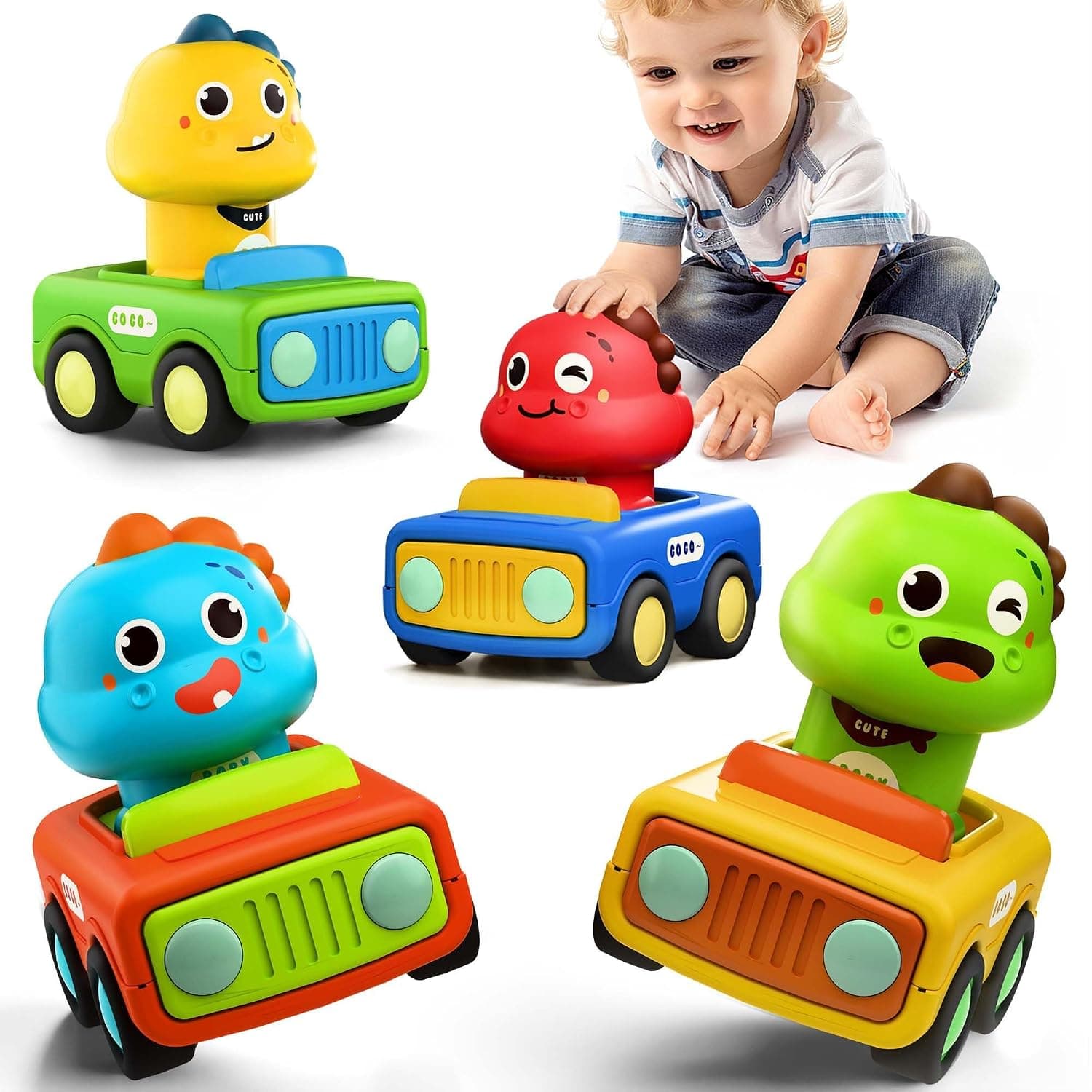 Press Go Car Toys for Toddlers 1-3, 4 Pack Baby Animal Race Cars, Infant Play Car Set, Push Go Friction Dino Car for 6-9-12-18 Month, 1st Birthday Gift Stocking Stuffer for 1-2 Year Old Boy Kid