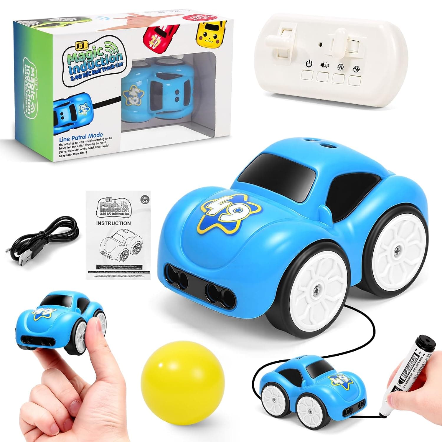 Magic Car that Follows Drawing, Car Follows Drawn Line (Blue) | 2.4ghz car that follows marker line, smart automatic avoidance desktop vehicle, four fun modes