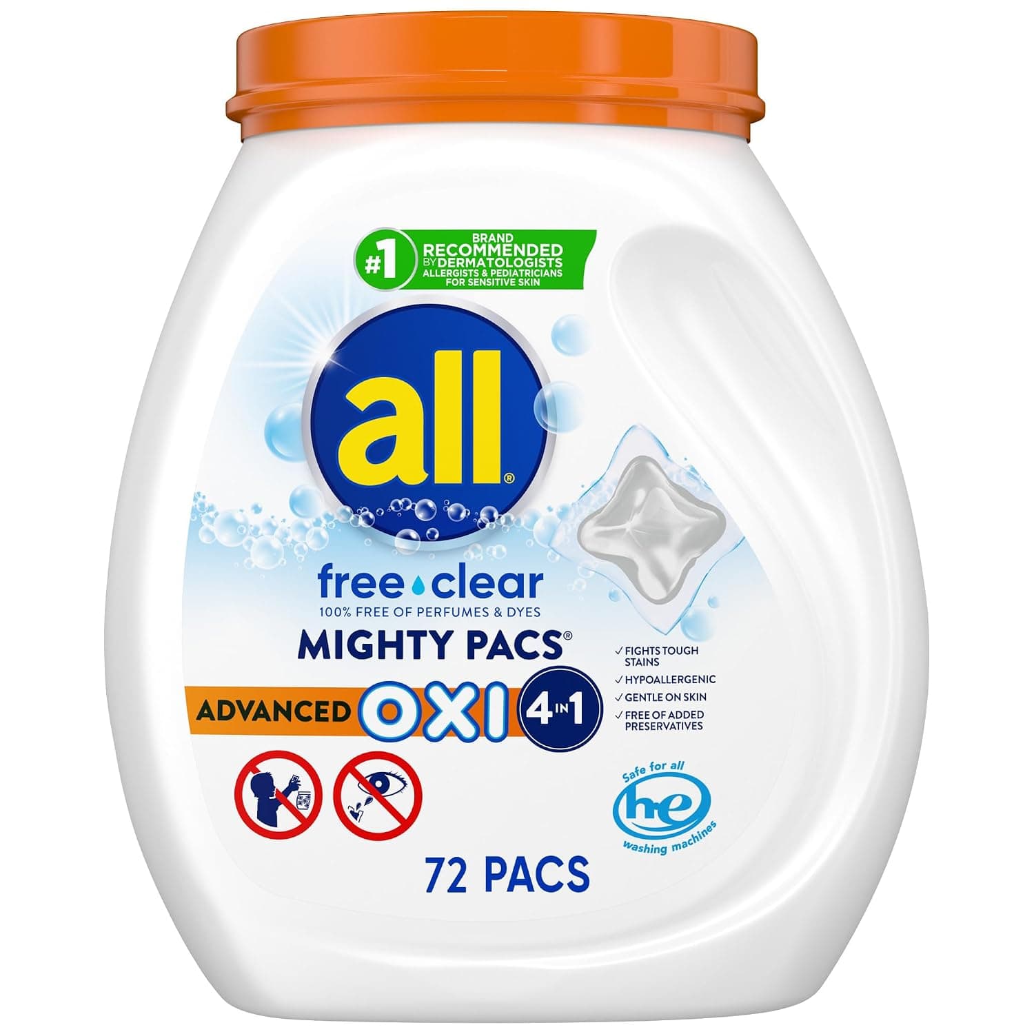 all Unit Dose Laundry Detergent, Mighty Pacs, Free Clear, OXI, 72 Count | Advanced OXI formula, hypoallergenic and gentle, dye- and perfume-free, dermatologist recommended, reduces static