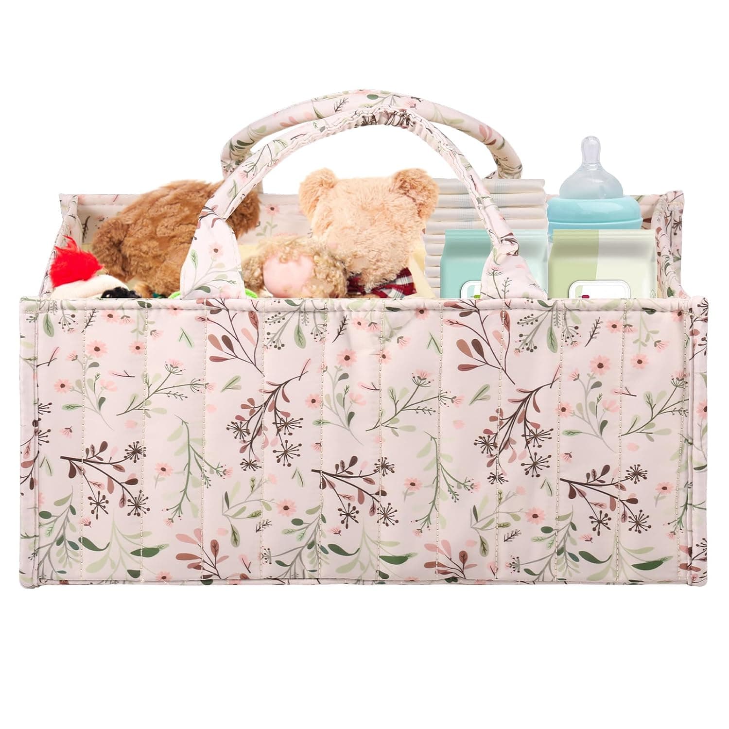 Nappy Caddy Stylish Nursery Storage Basket Floral Baby Diaper Caddy Organizer with Compartments Portable Newborn Nappy Wipes Basket Easy to Clean Baby Essentials for Boy or Girl(colour,1)