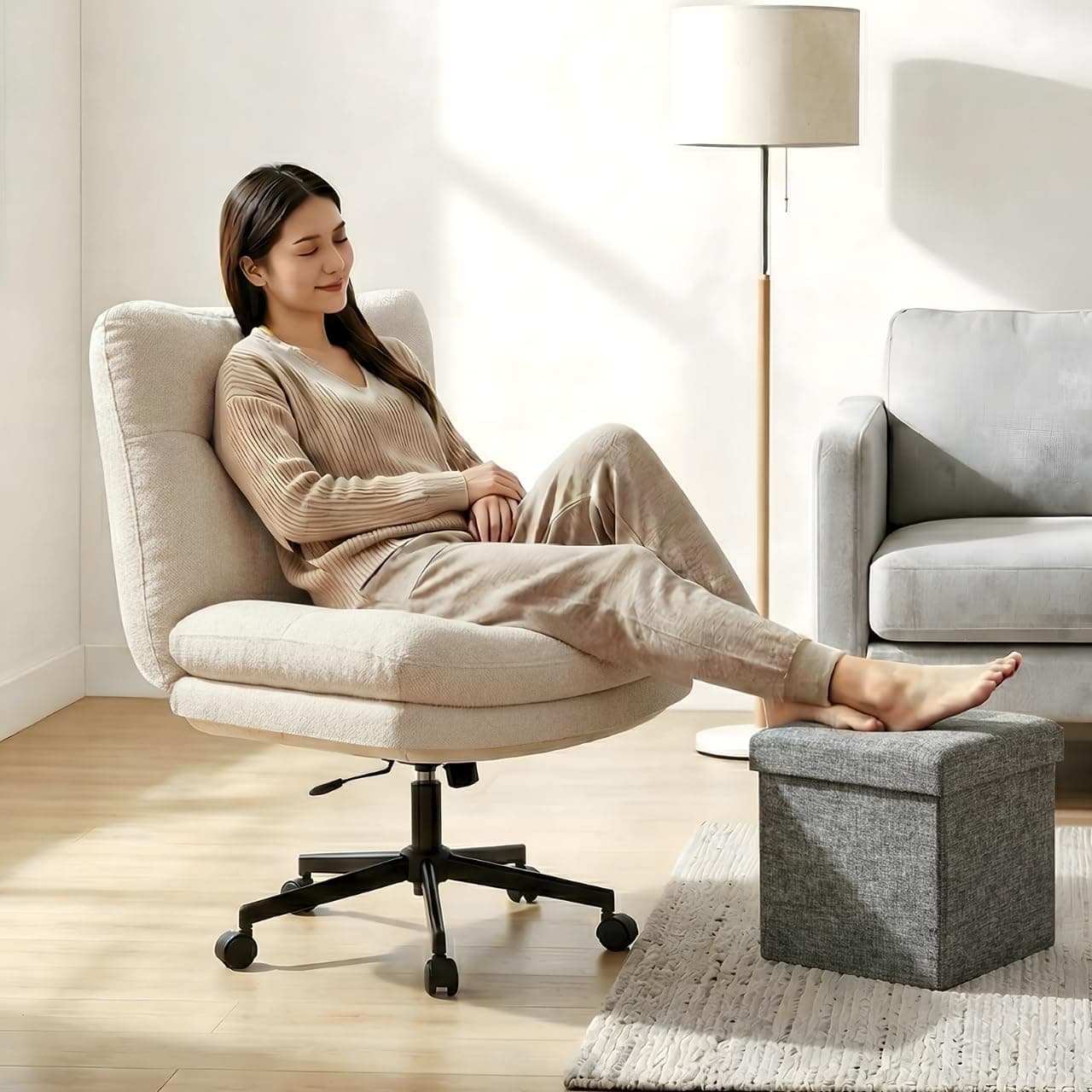 Office Chair, Desk Chair, Fabric Criss Cross Chair, Cross Legged Vanity Chair, cross legged office chair with Adjustable Height, Swivel Home Office Task Chair, Work, Comfy, 140KG, Beige