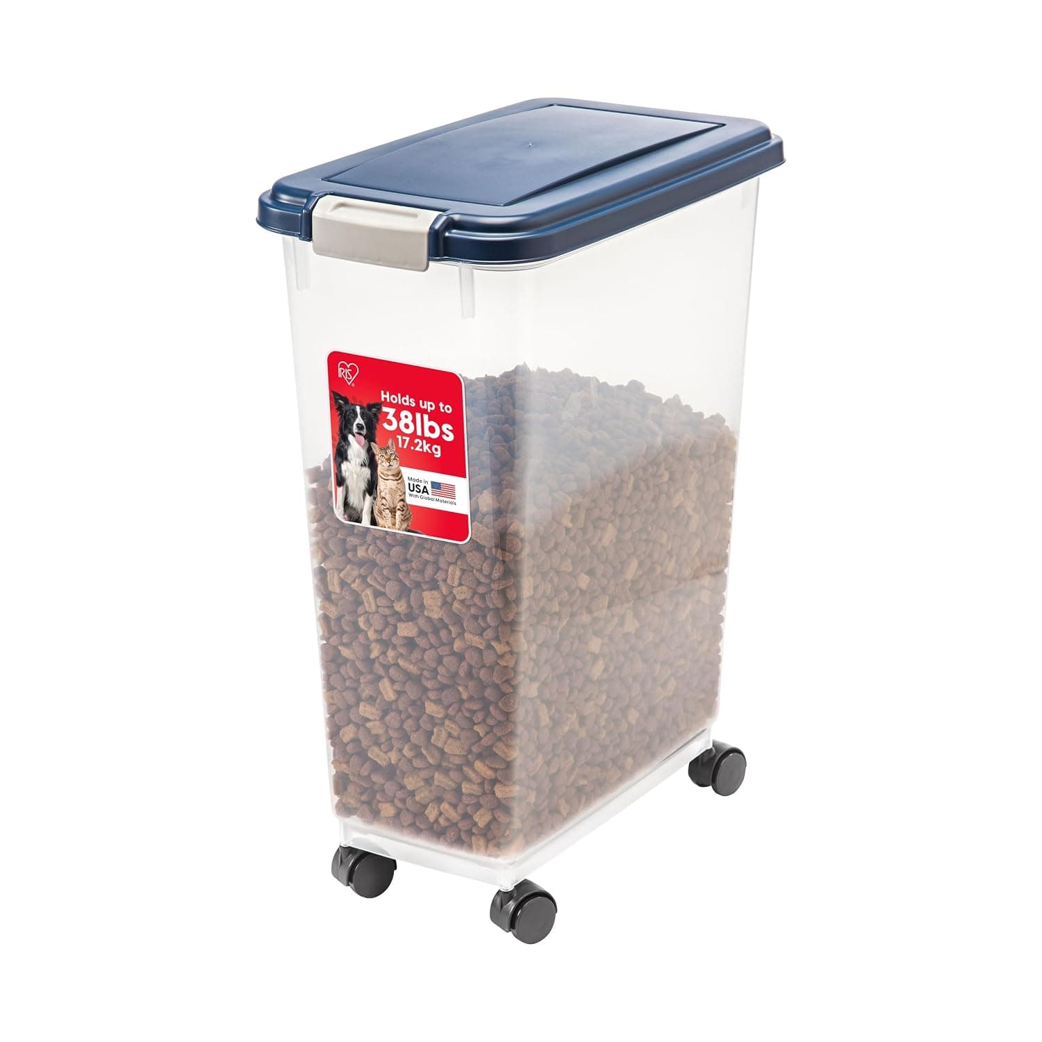 IRIS USA 35Lbs./47Qt. WeatherPro Airtight Pet Food Storage Container with Attachable Casters, For Dog Cat Bird and Other Pet Food Storage Bin, Keep Fresh, Translucent Body, Easy Mobility, Navy | Wheels for Mobility, Airtight Seal, BPA-Free, Best for Bird Seed, Cat food, Cat Litter, Chicken Feed, Pellets