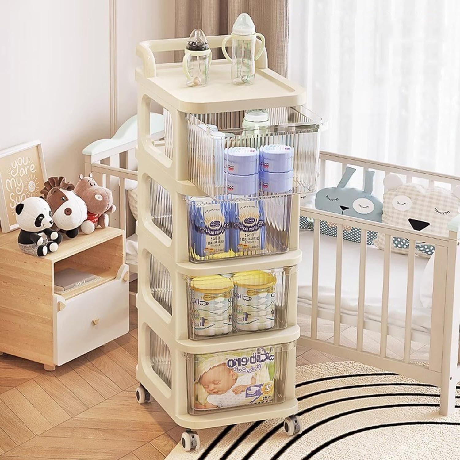 4-Tier Baby Products Storage Organizer, Multifunction Nursery Organizer for Newborn Essentials, Baby Essentials Storage Cart with Wheels and Drawers,Plastic Baby Products Movable Cart (Cream White)