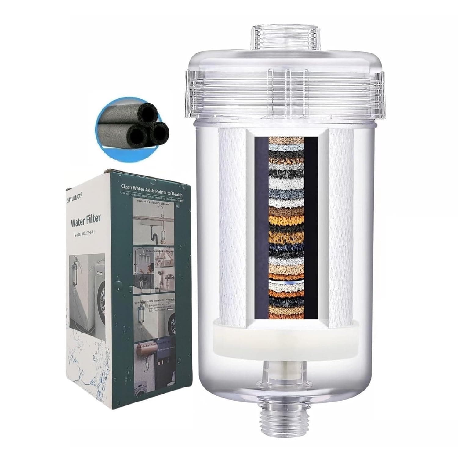 1 Micron High Density Washing Machine Water Filter, Visible Washer Water Filter System, 99.5% Removal of Chlorine Fluoride, Heavy Metals, Odor, Impede Scale, Relieve Dry Skin ACF Shower Filter