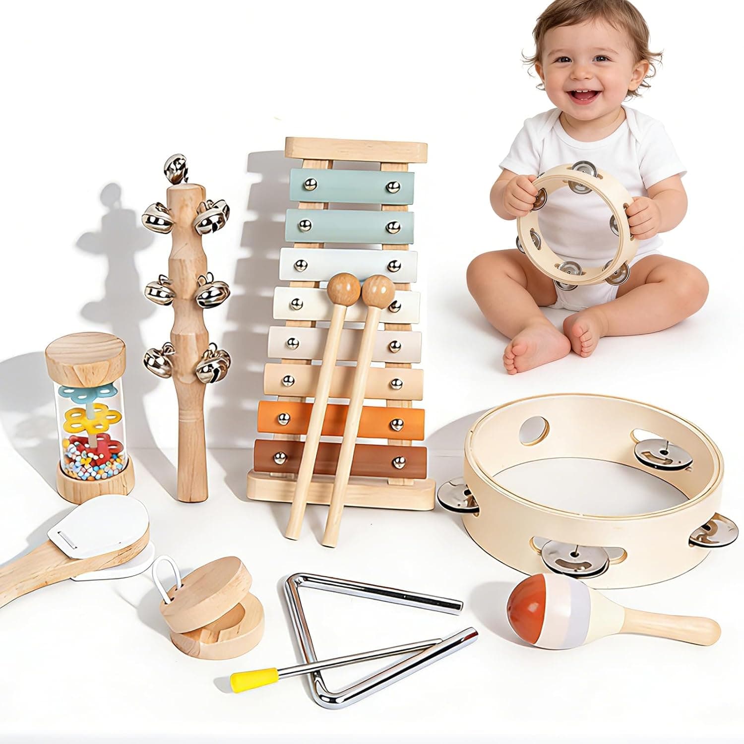Andanna Wooden Toddler Musical Instruments Set, 8PCS Kids Montessori Toys, Baby Toys with Xylophone & Drum, Educational Gift for Boys Girls Kids (1)