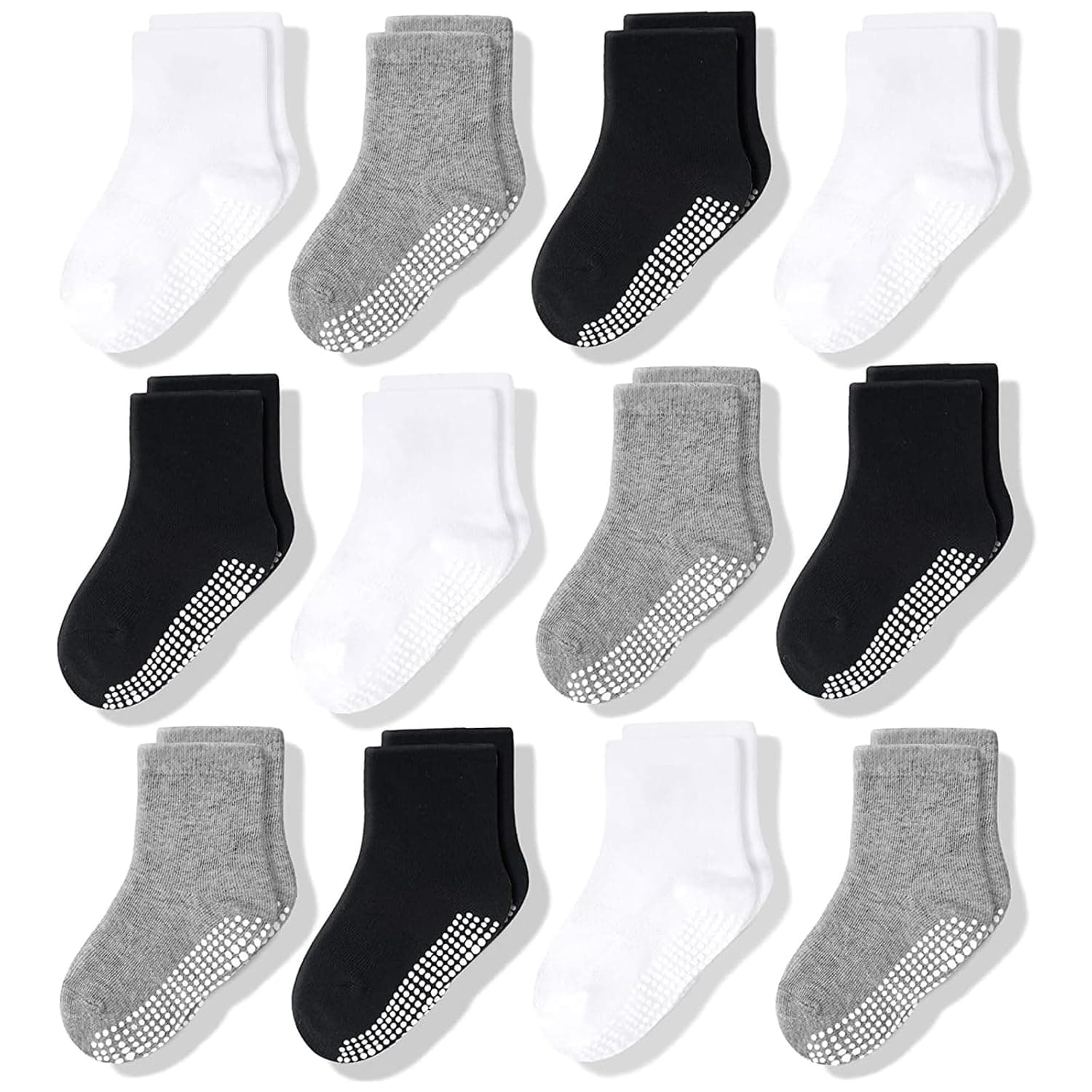 CozyWay Baby & Toddler Socks With Grippers Non Slip Crew Grip Socks for Girls and Boys Soft Comfy Cotton - 12 Pack