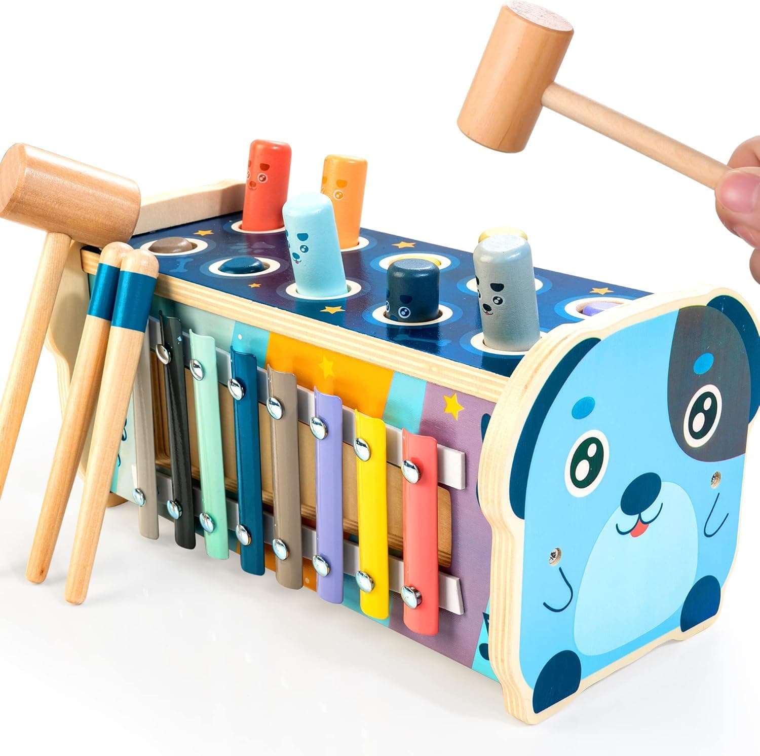 SCIENISH Wooden Hammering Pounding Toy for 12+ Months Kids, Montessori Toys for 1+ Year Old Babies, Early Development Toy with Pounding Bench, Xylophone, Number Sorting Maze