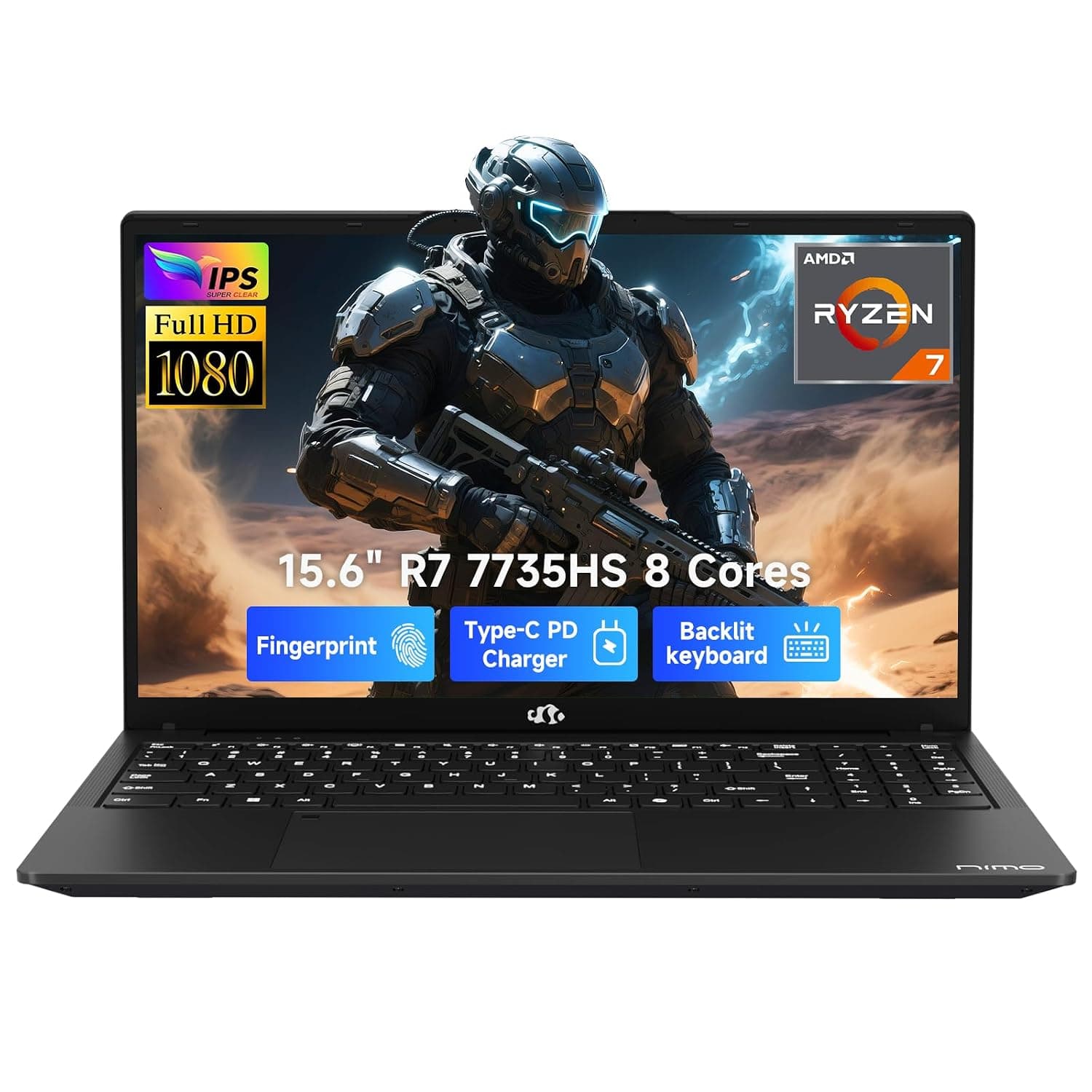 NIMO Gaming-Laptop, 15.6" Computer with 8 Cores Ryzen 7 7735HS (Beat i7-12650H, Up to 4.75GHz), 16GB DDR5 1TB SSD Business Laptop with Radeon 680M Graphics, 100W Type-C, Backlit KB, Fingerprint